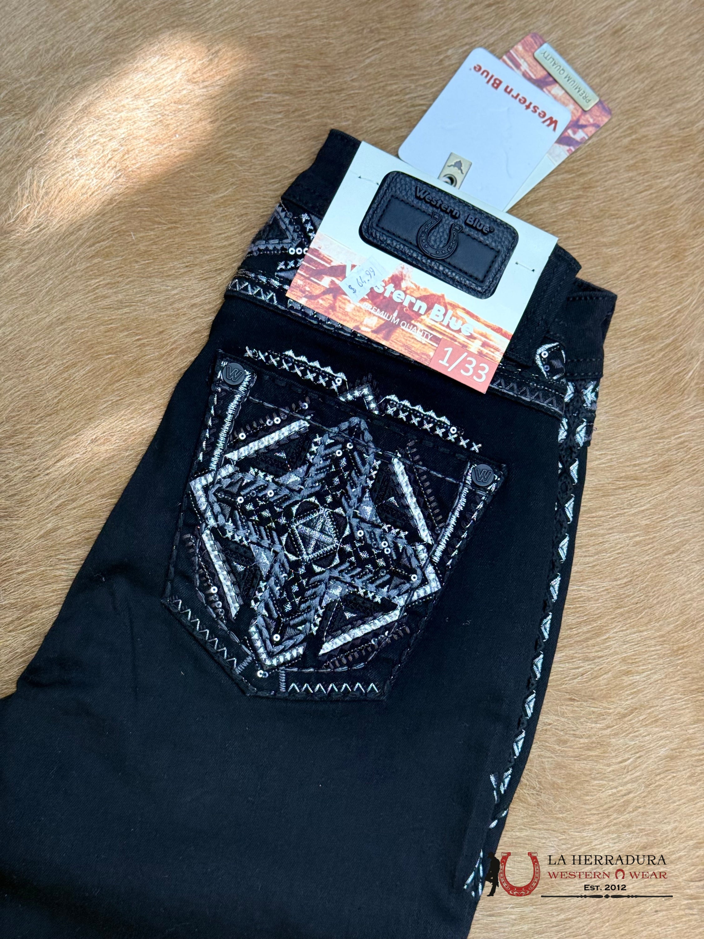 EMILY WESTERN BLUE BLACK BOOT CUT JEAN GRAY CROSS EMBROIDERY W216-PB33 ROPA MUJERES