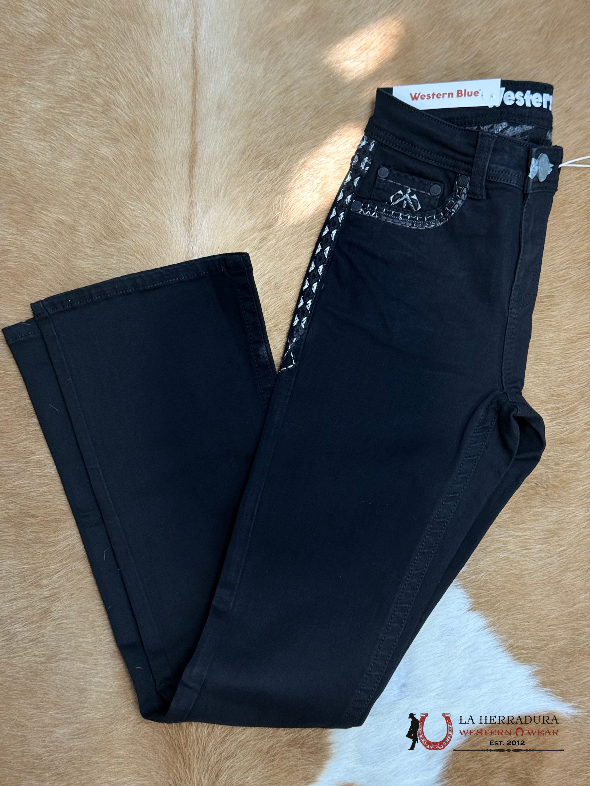 EMILY WESTERN BLUE BLACK BOOT CUT JEAN GRAY CROSS EMBROIDERY W216-PB33 ROPA MUJERES