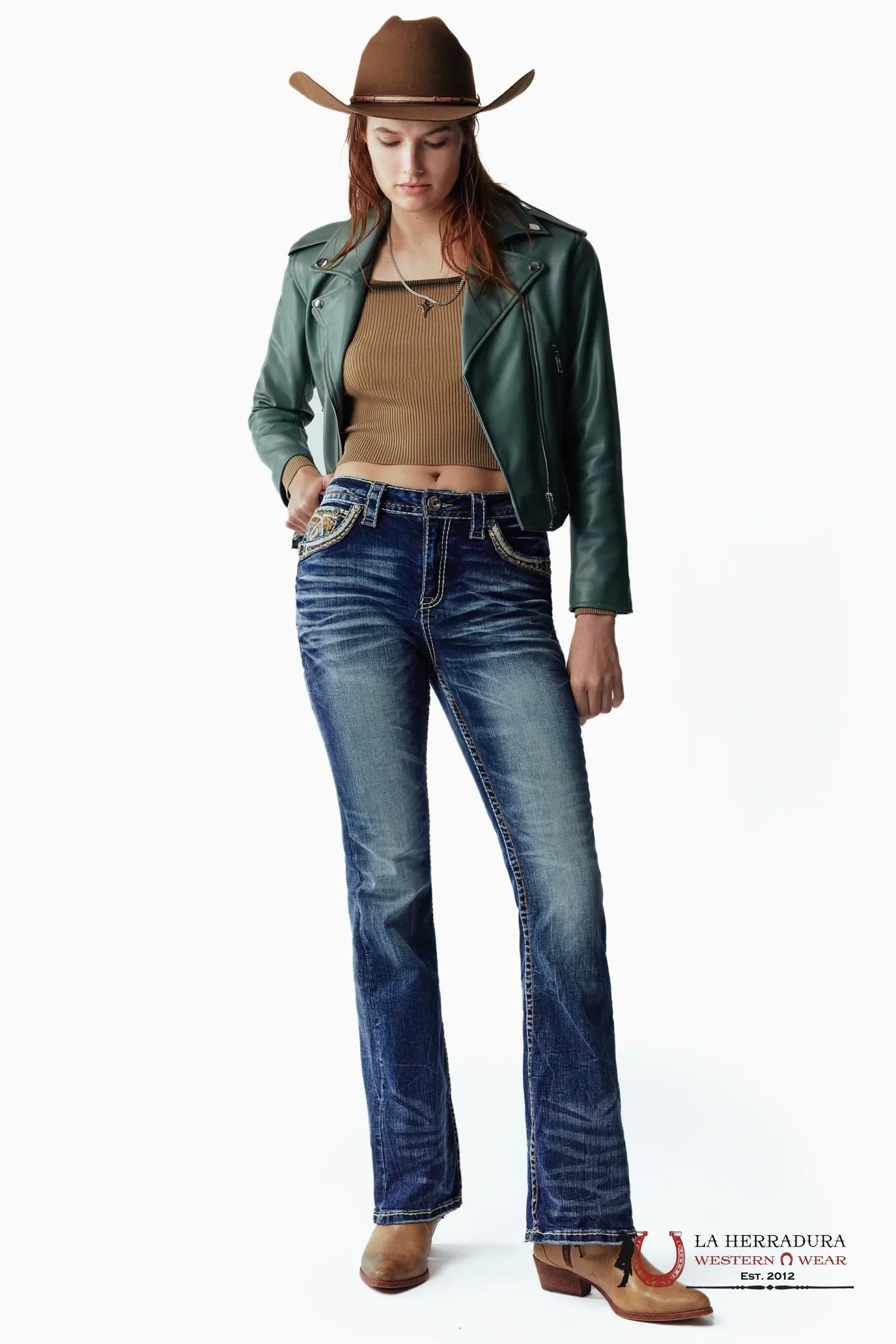 FATIMA ROCK IN LA JEANS BOOT CUT DARK WASH WHITE & TAN EMBROIDERY RA-9317-PB ROPA MUJERES