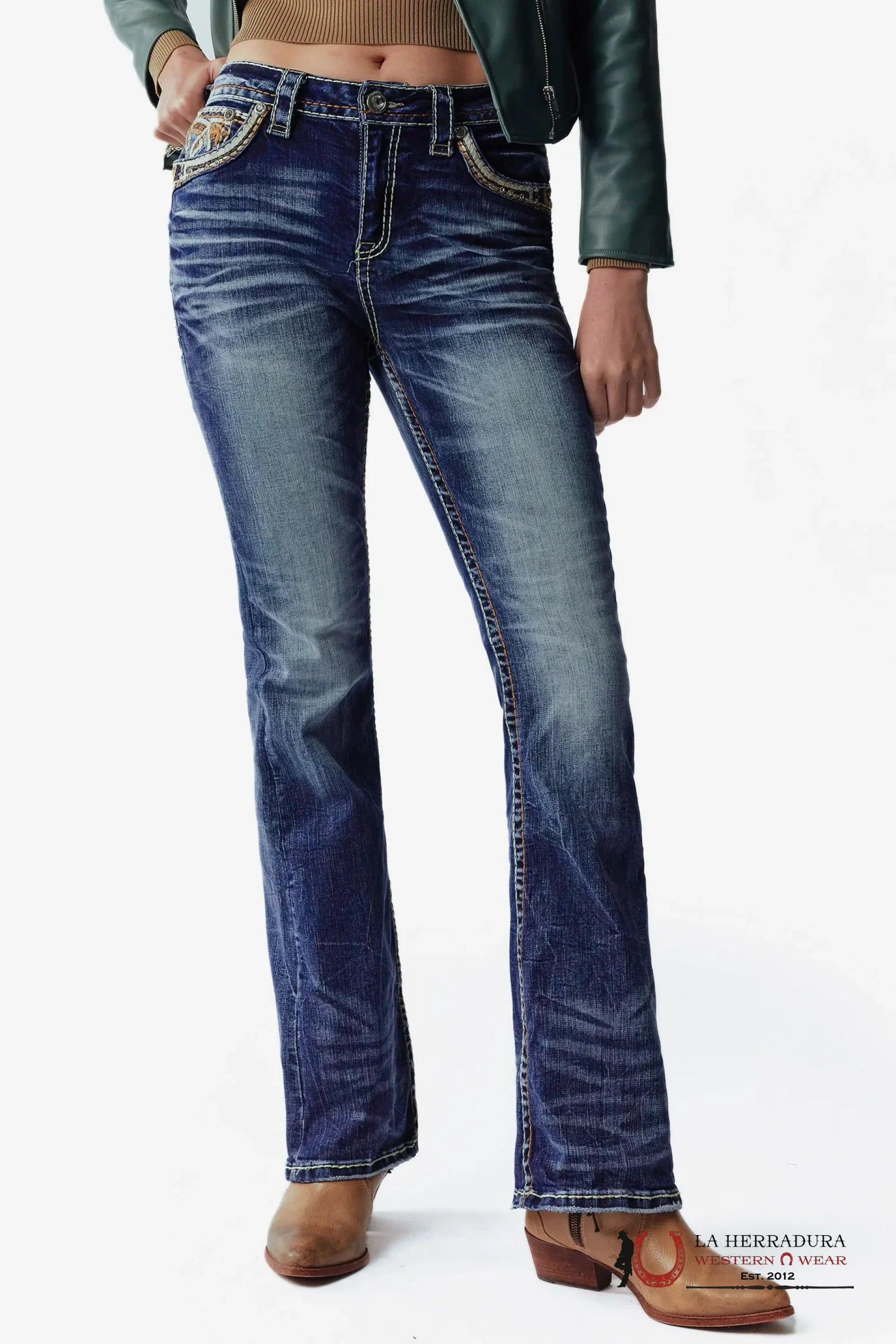 FATIMA ROCK IN LA JEANS BOOT CUT DARK WASH WHITE & TAN EMBROIDERY RA-9317-PB ROPA MUJERES