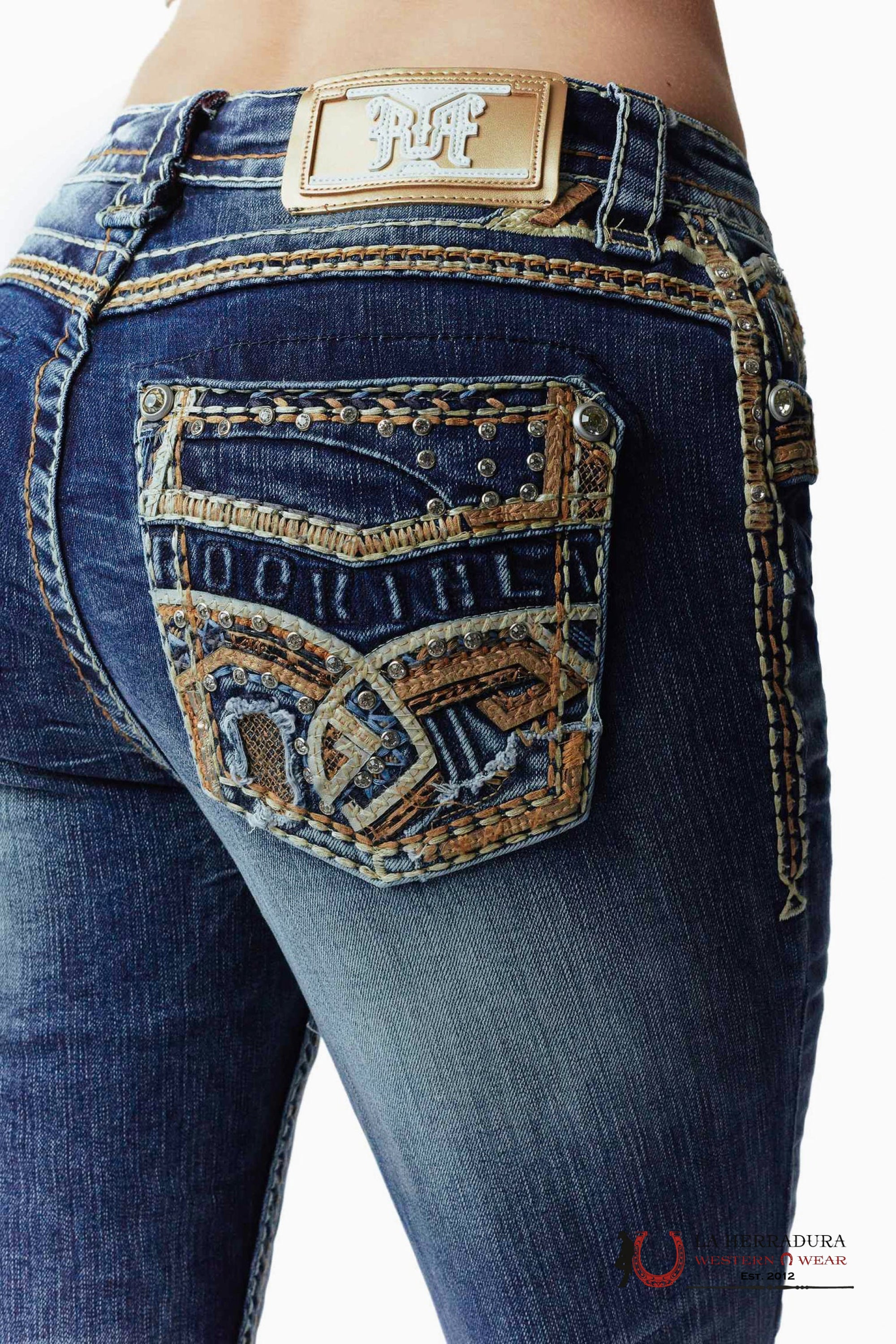 FATIMA ROCK IN LA JEANS BOOT CUT DARK WASH WHITE & TAN EMBROIDERY RA-9317-PB ROPA MUJERES