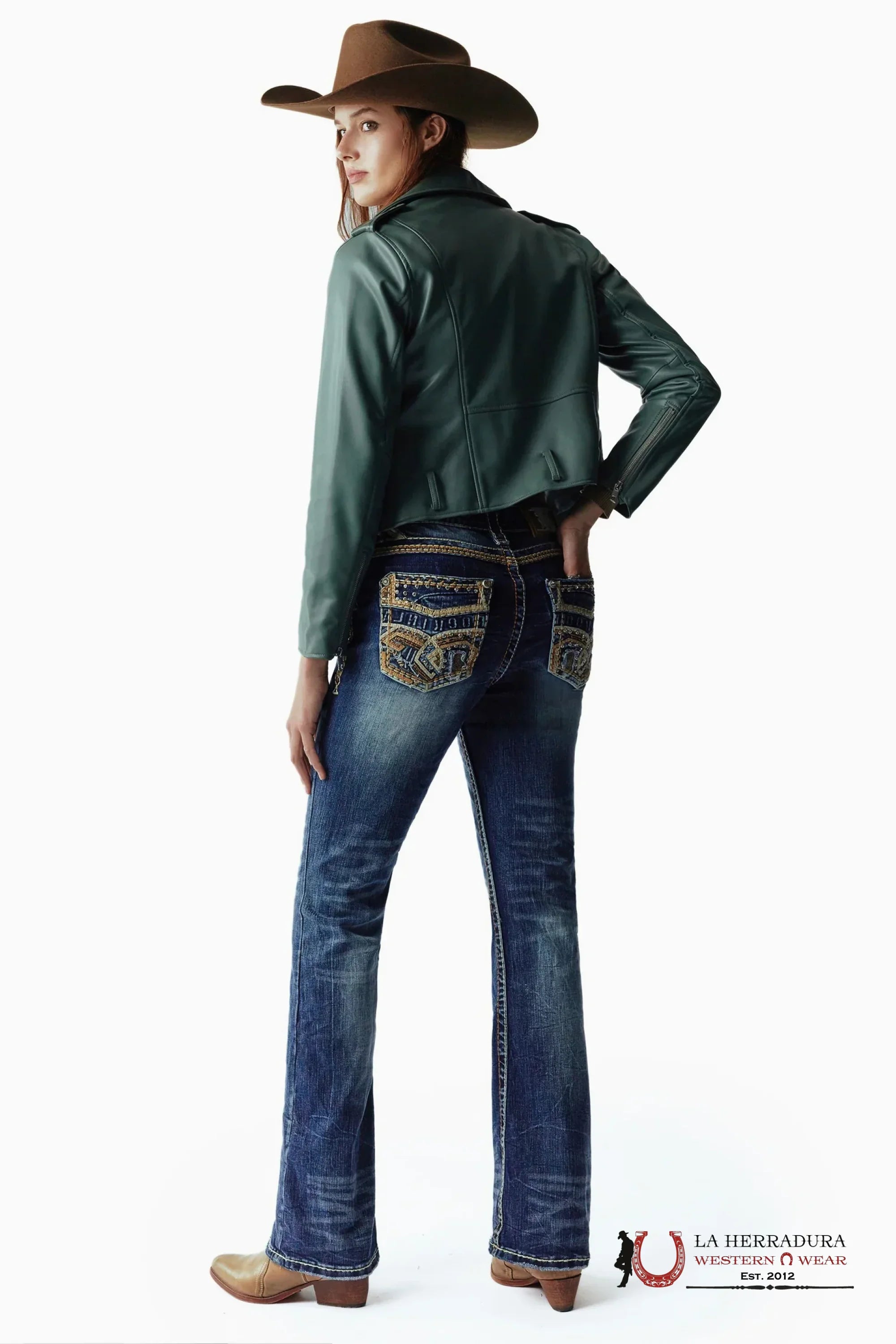 FATIMA ROCK IN LA JEANS BOOT CUT DARK WASH WHITE & TAN EMBROIDERY RA-9317-PB ROPA MUJERES