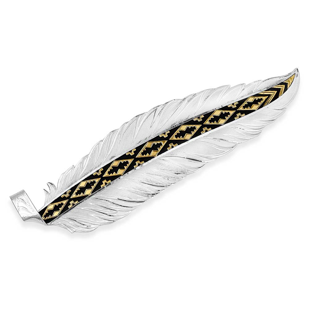 PLUMA DE SOMBRERO MONTANA SILVERSMITH LISA/SIN LETRAS DETALLE ORO Y NEGRO