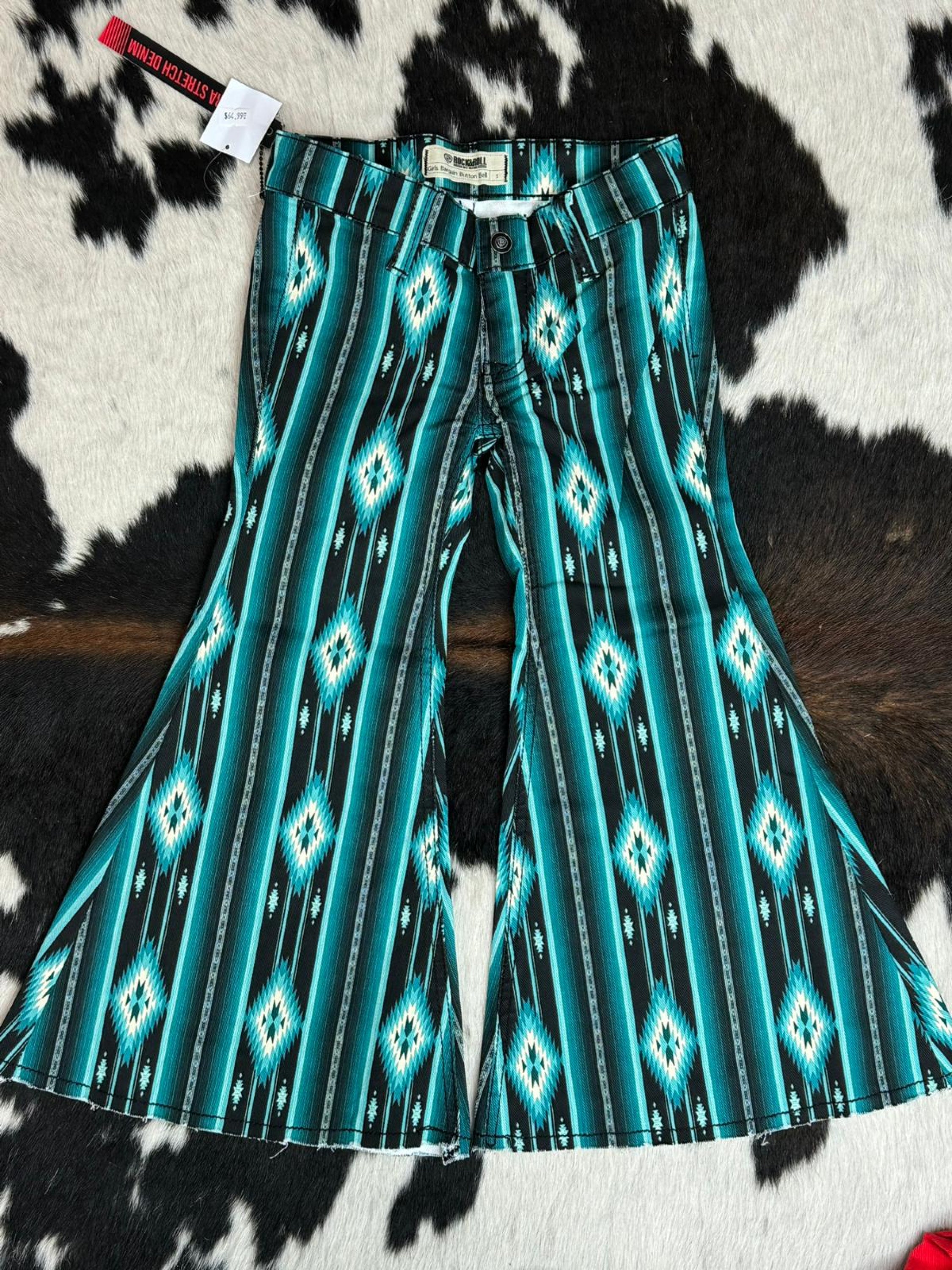 Girls Rock & Roll Black Teal Serape Bell Bottom Niños