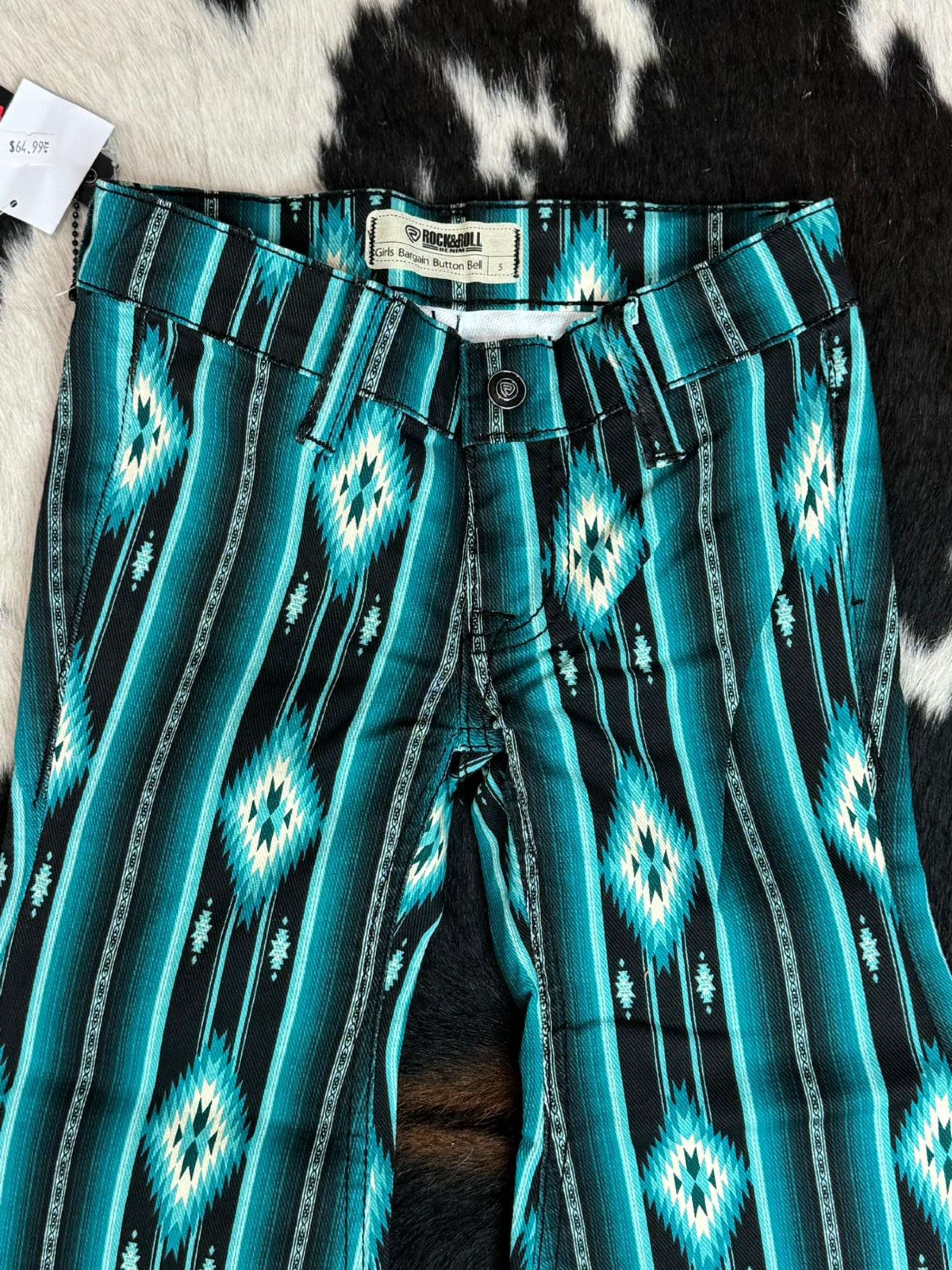 Girls Rock & Roll Black Teal Serape Bell Bottom Niños