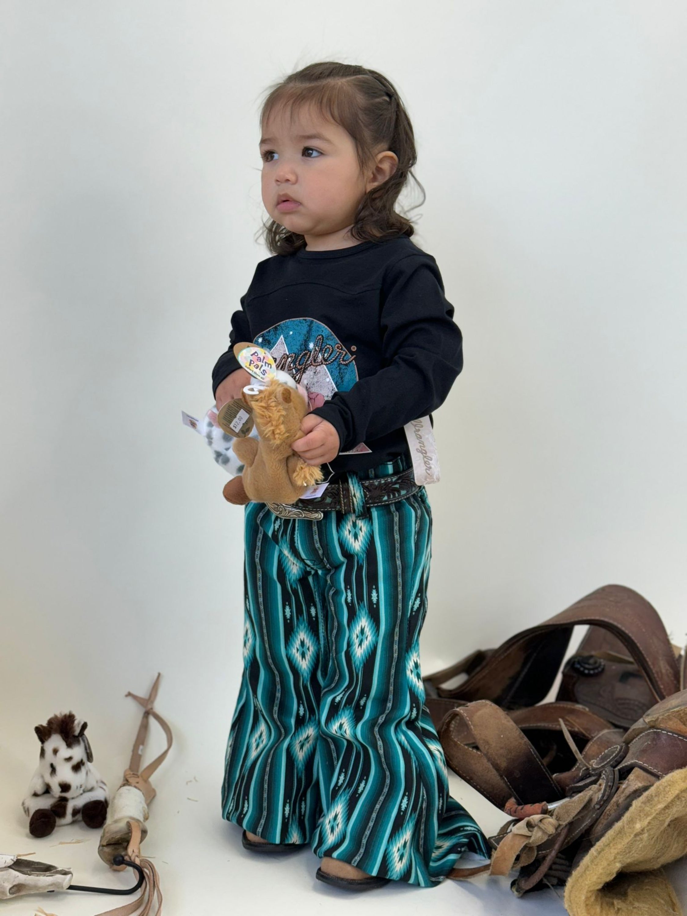 Girls Rock & Roll Black Teal Serape Bell Bottom Niños