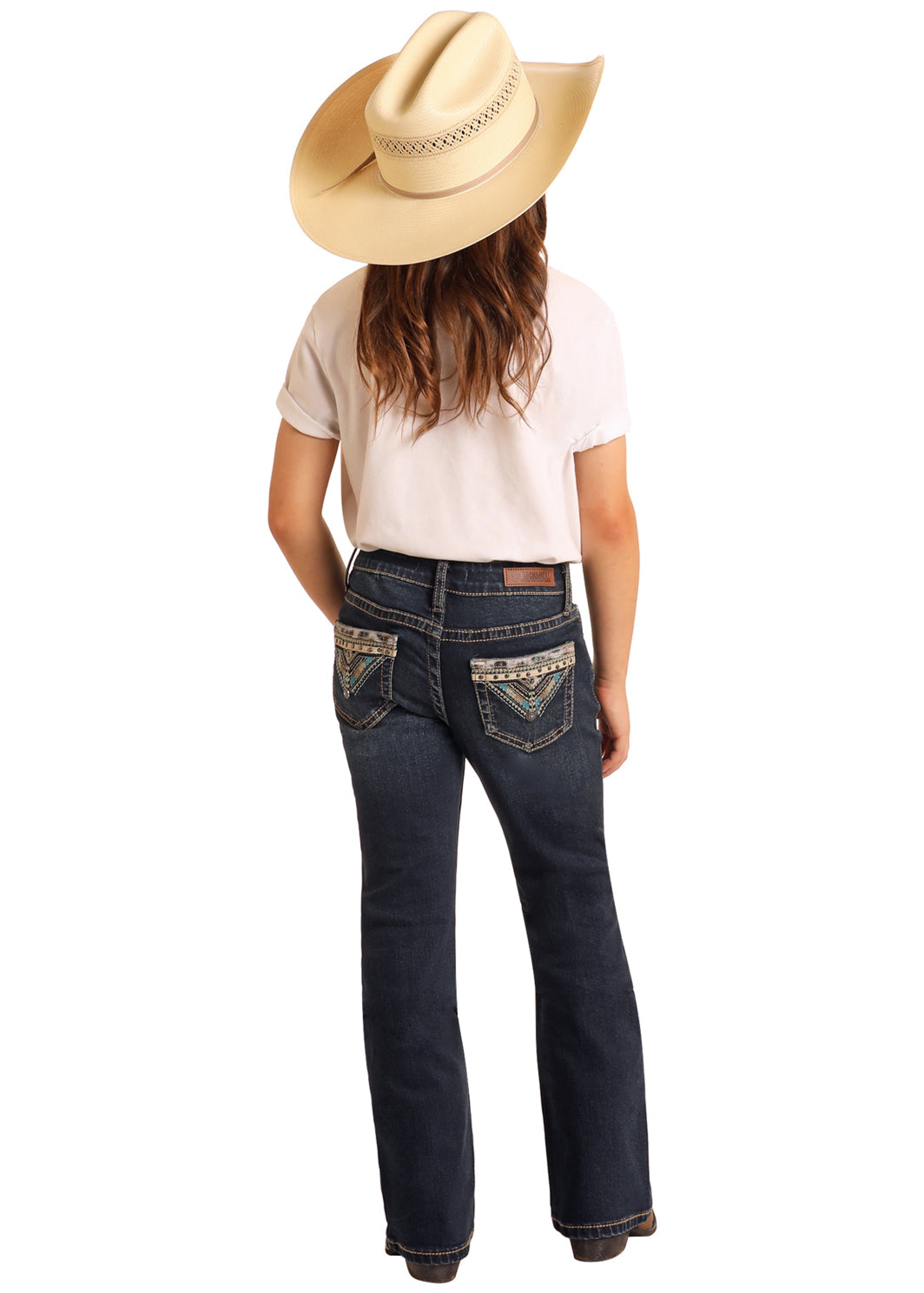 GIRLS ROCK & ROLL DARK WASH COWHIDE EMB BOOTCUT BG4MD06087 NIÑOS