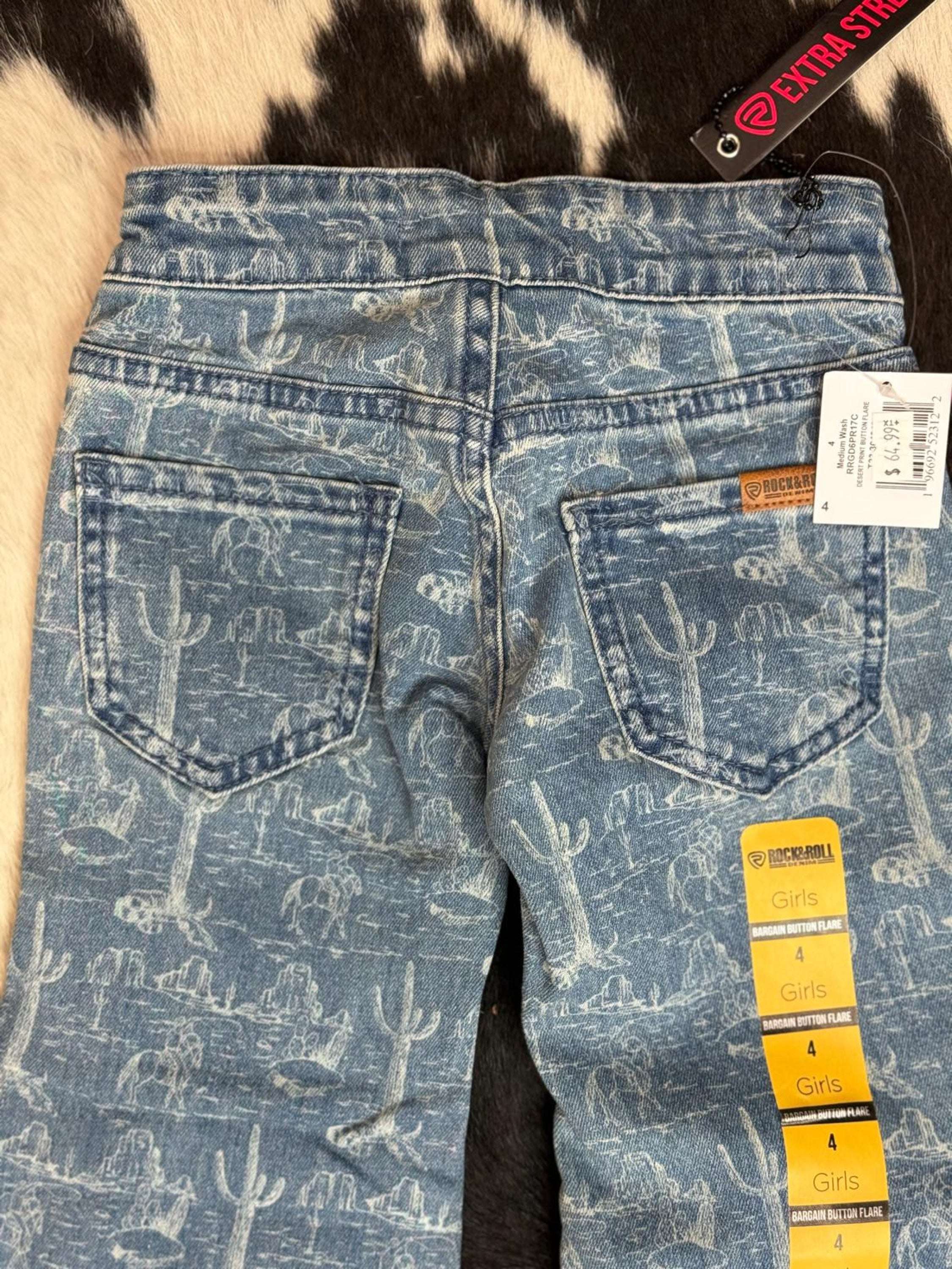 Girls Rock & Roll Medium Wash Desert Print Button Flare Niños