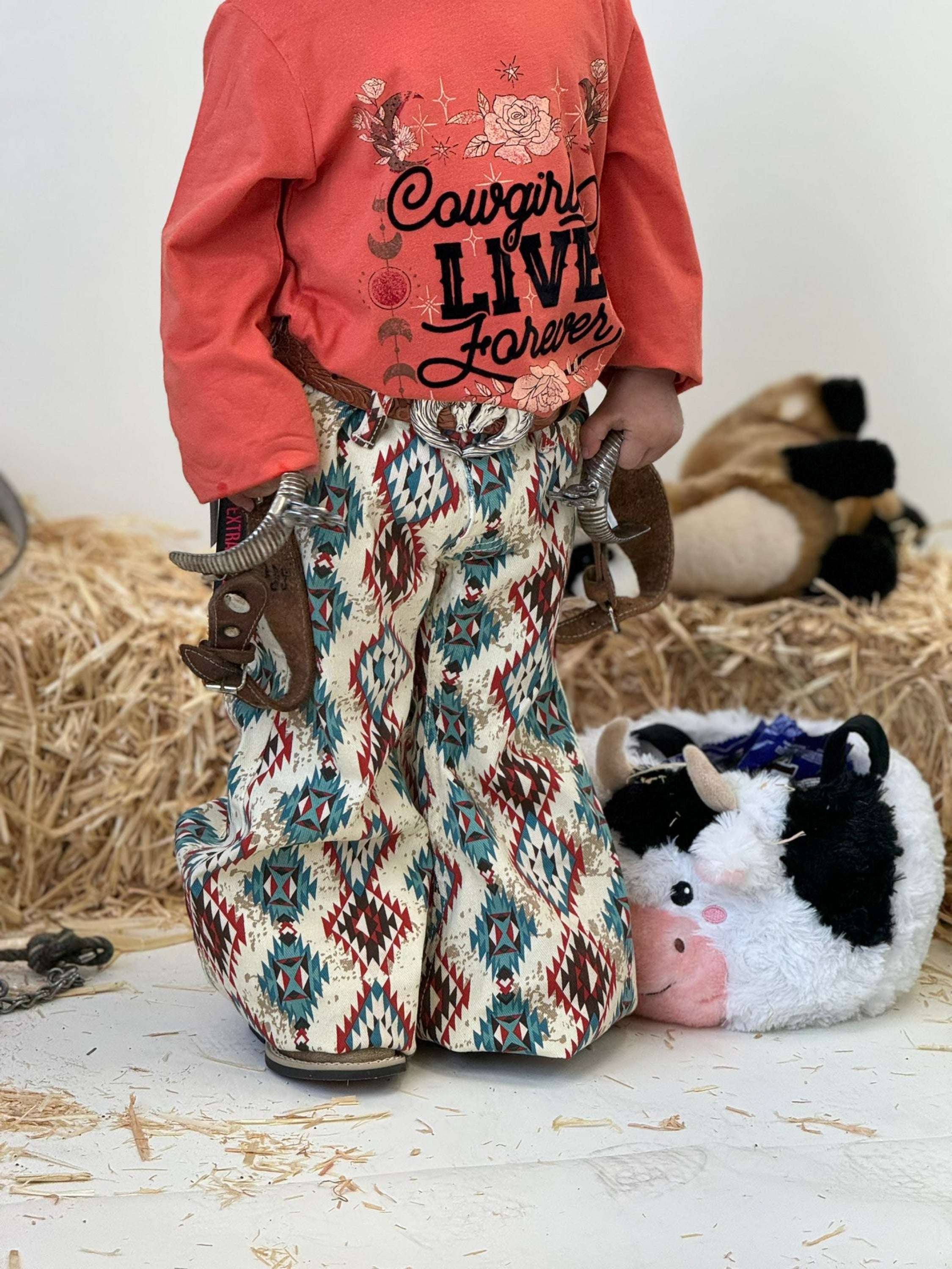 Girls Rock & Roll Natural Cowhide Aztec Bell Bottom Niños