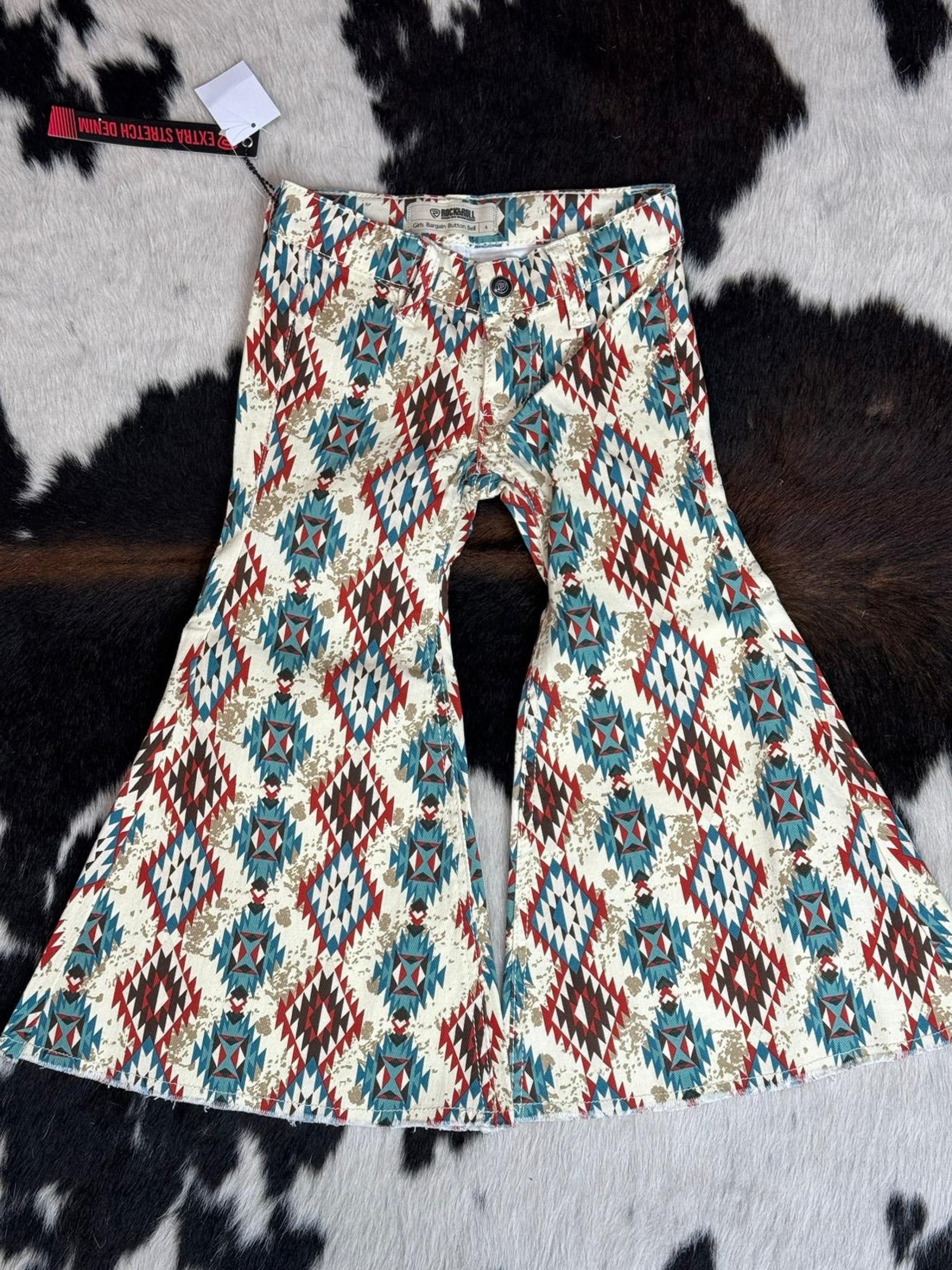 Girls Rock & Roll Natural Cowhide Aztec Bell Bottom Niños