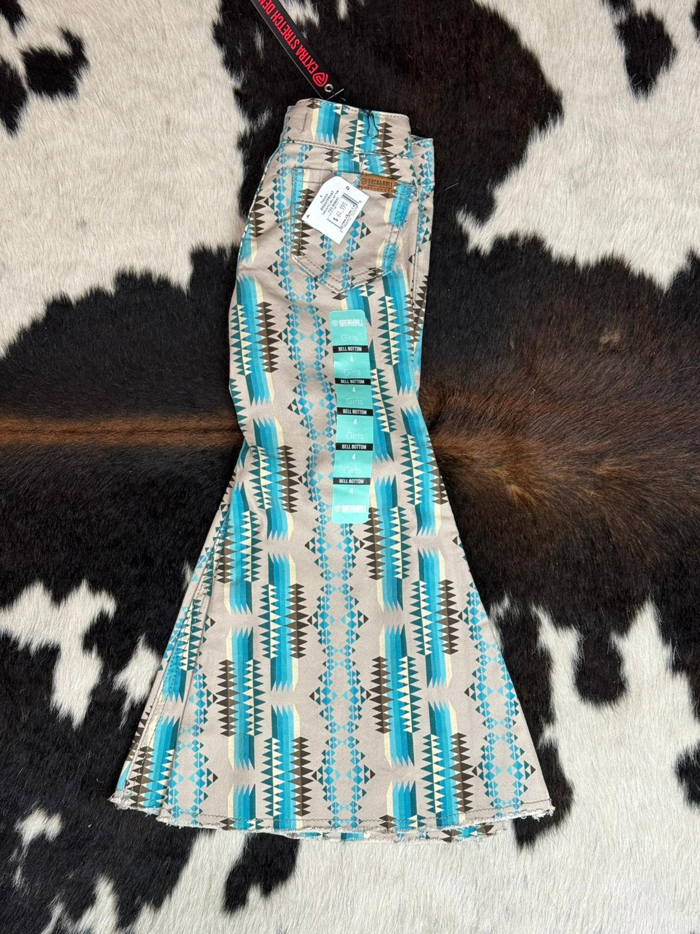 Girls Rock & Roll Peacock Turquoise Aztec Bell Bottom Niños
