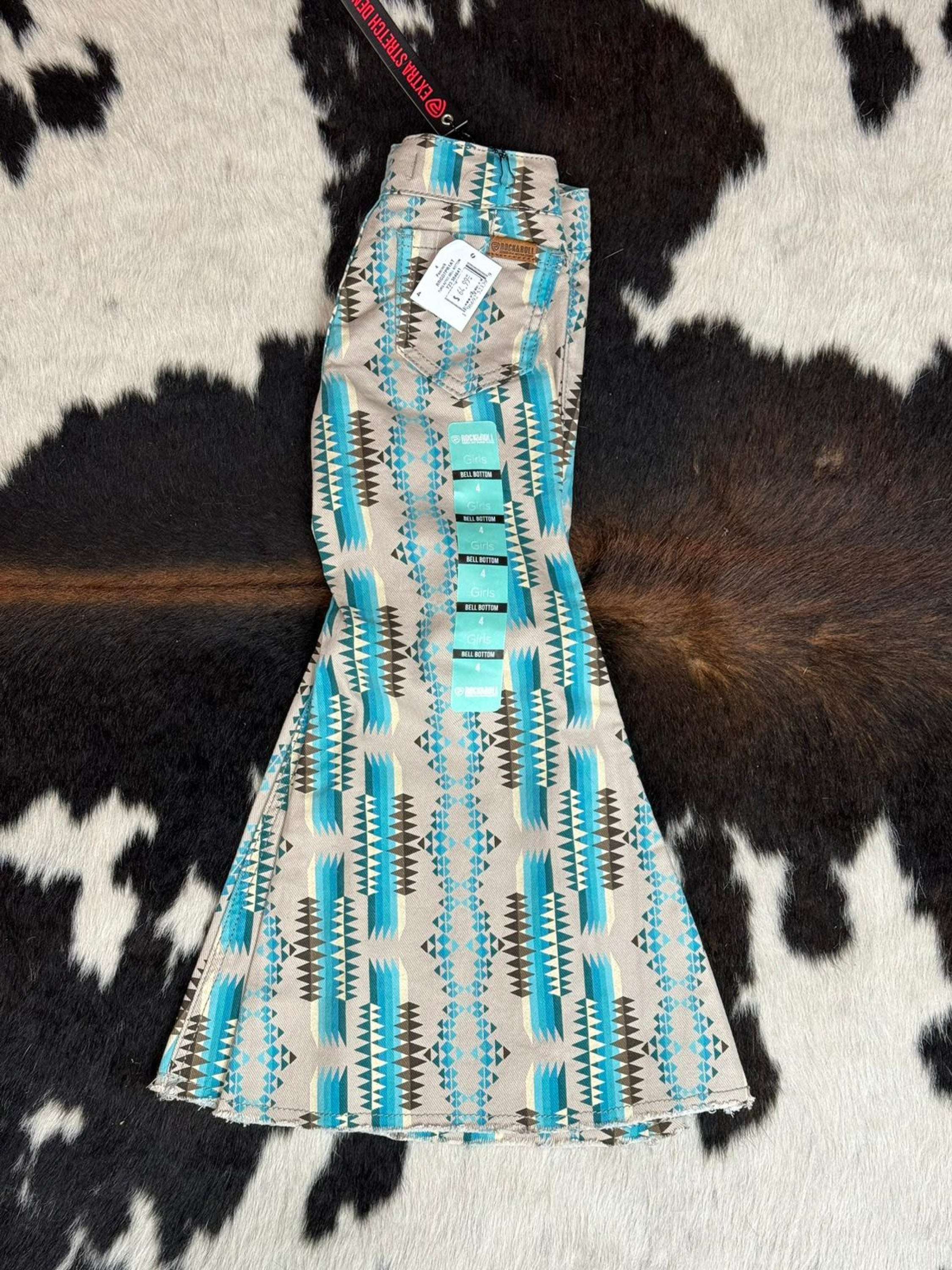 Girls Rock & Roll Peacock Turquoise Aztec Bell Bottom Niños