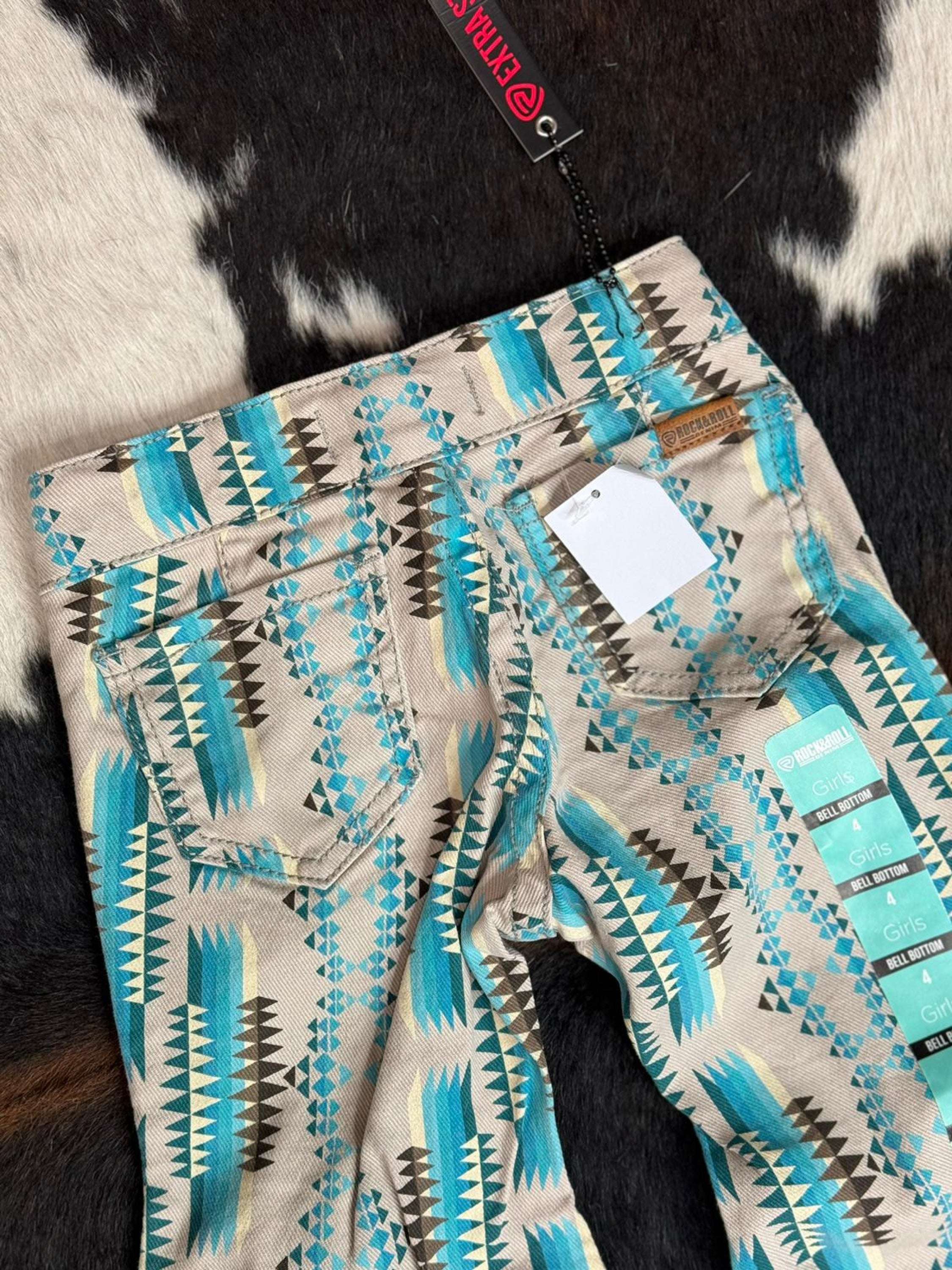 Girls Rock & Roll Peacock Turquoise Aztec Bell Bottom Niños