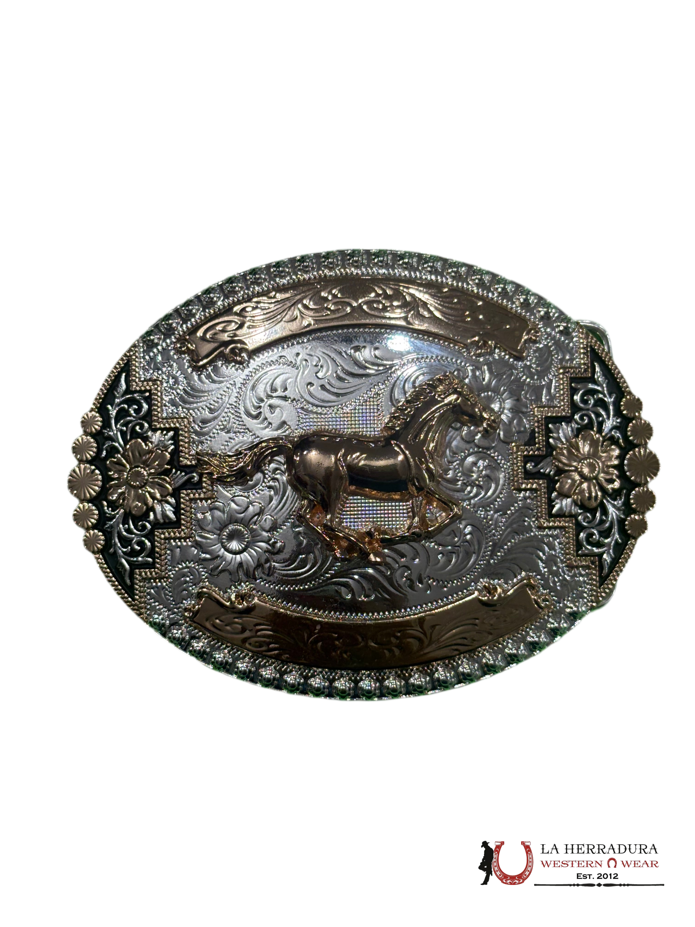 GOLD AND SILVER GALLOPING HORSE ROUND BUCKLE ACCESORIOS