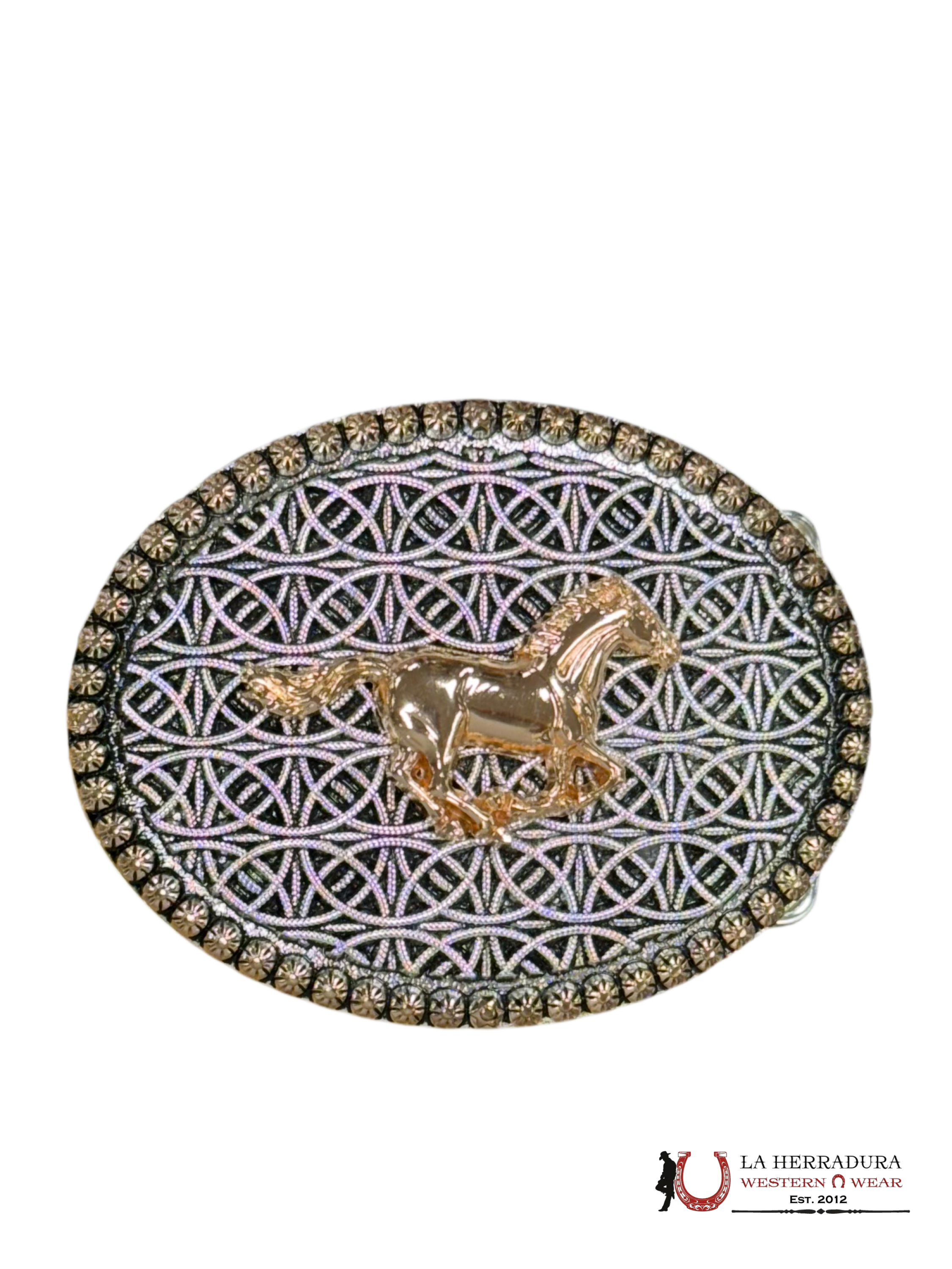 GOLD HORSE RUNNING BLACK AND SILVER ROUND BUCKLE ACCESORIOS