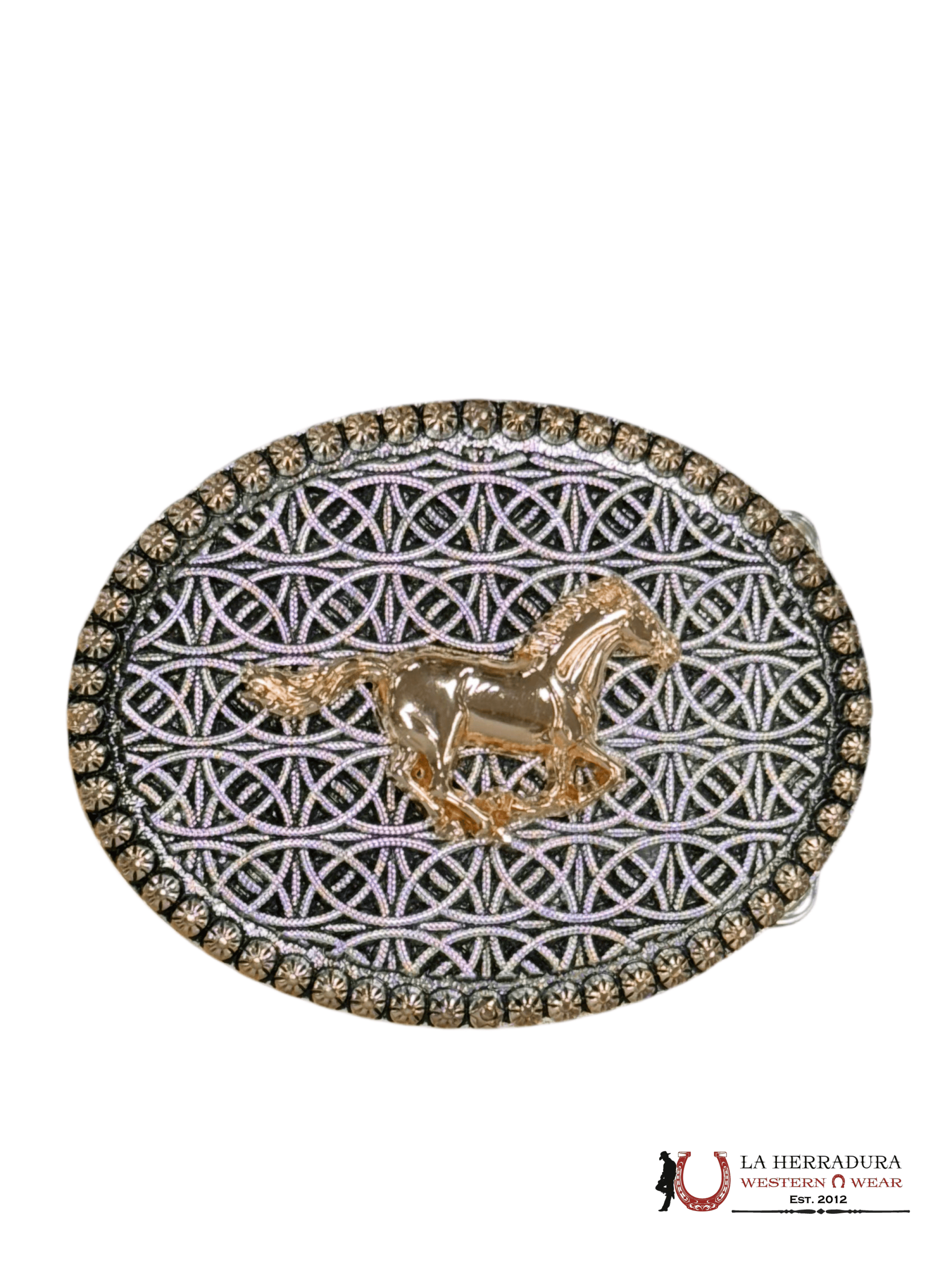 GOLD HORSE RUNNING BLACK AND SILVER ROUND BUCKLE ACCESORIOS