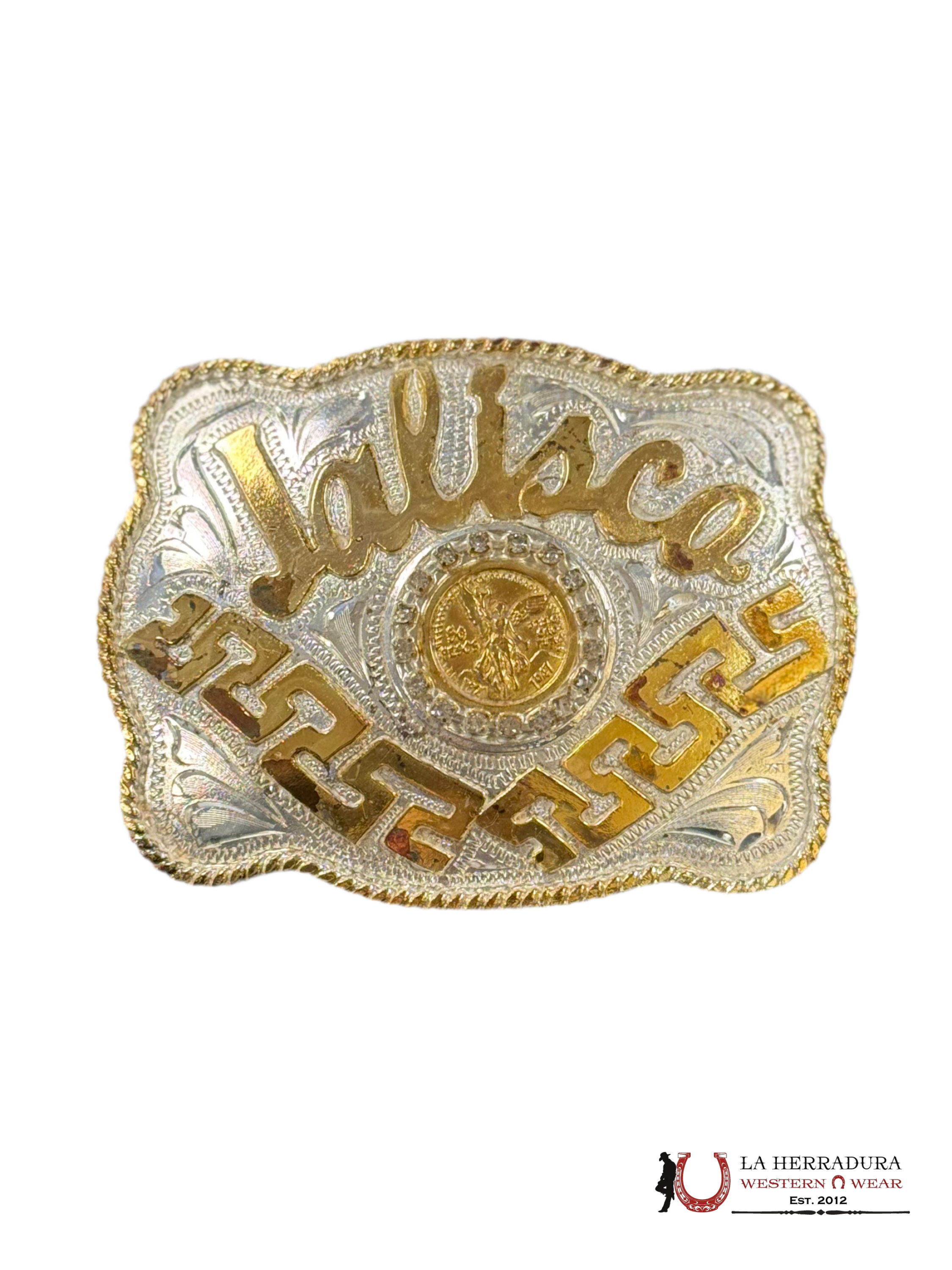 GOLD JALISCO AZTEC DESIGN ROUNS BUCKLE ACCESORIOS