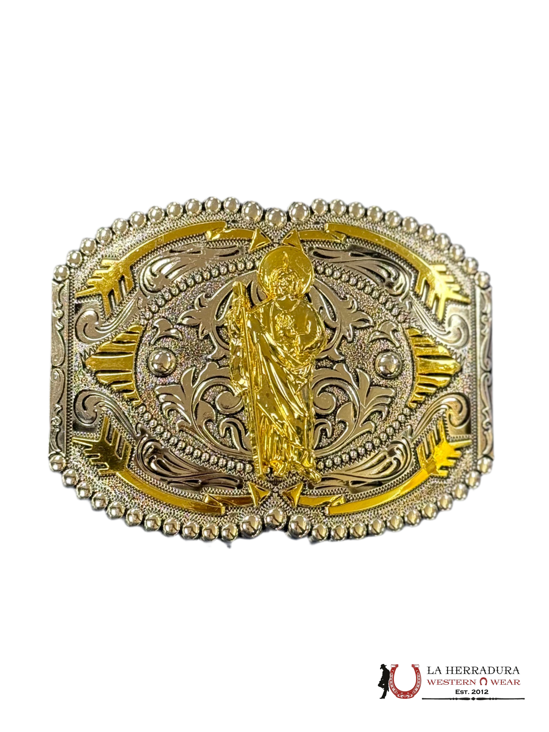 GOLD SAN JUDAS AZTEC DESIGN SQUARE BUCKLE ACCESORIOS