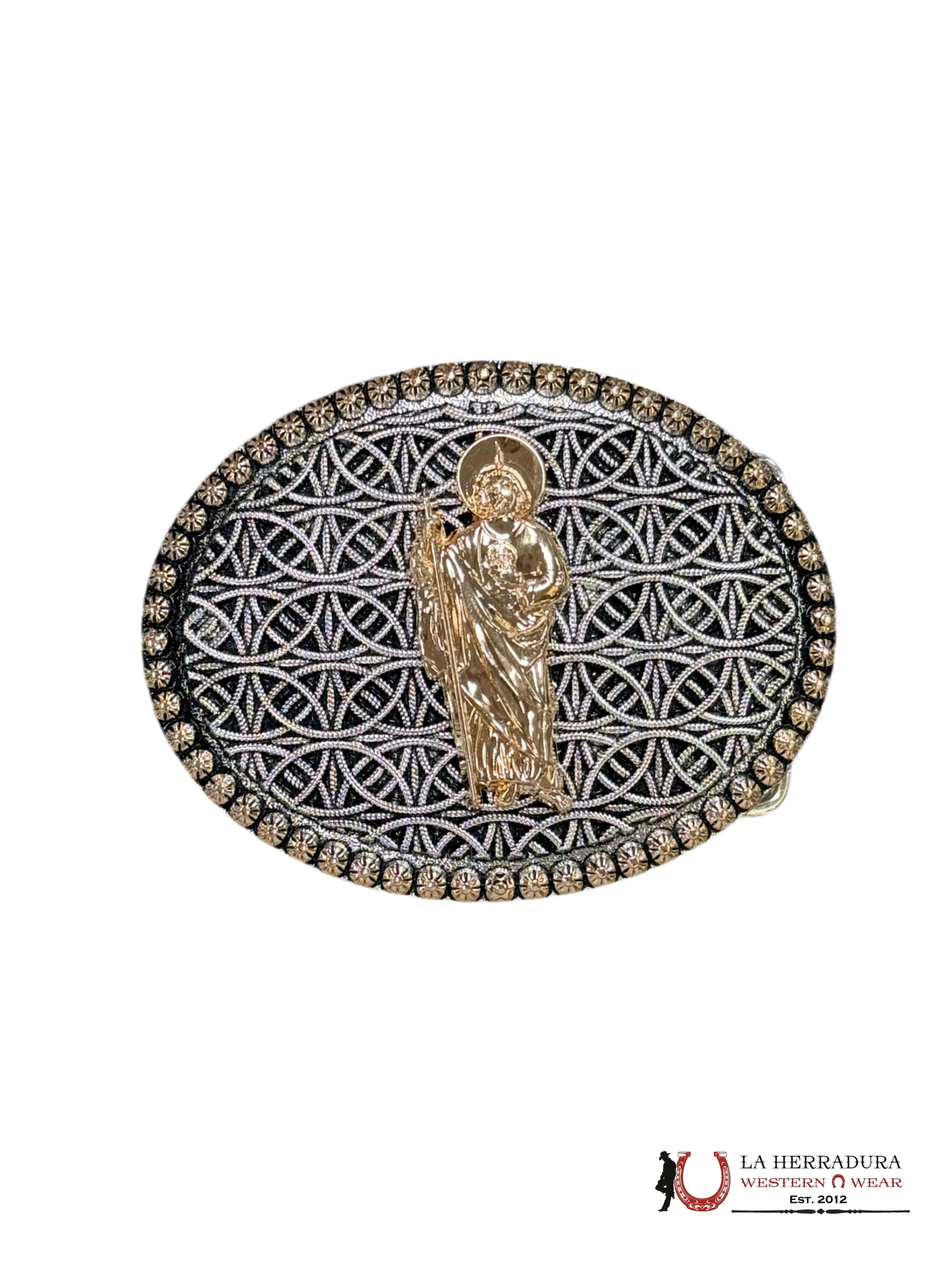 GOLD SAN JUDAS BLACK AND SILVER ROUND BUCKLE ACCESORIOS