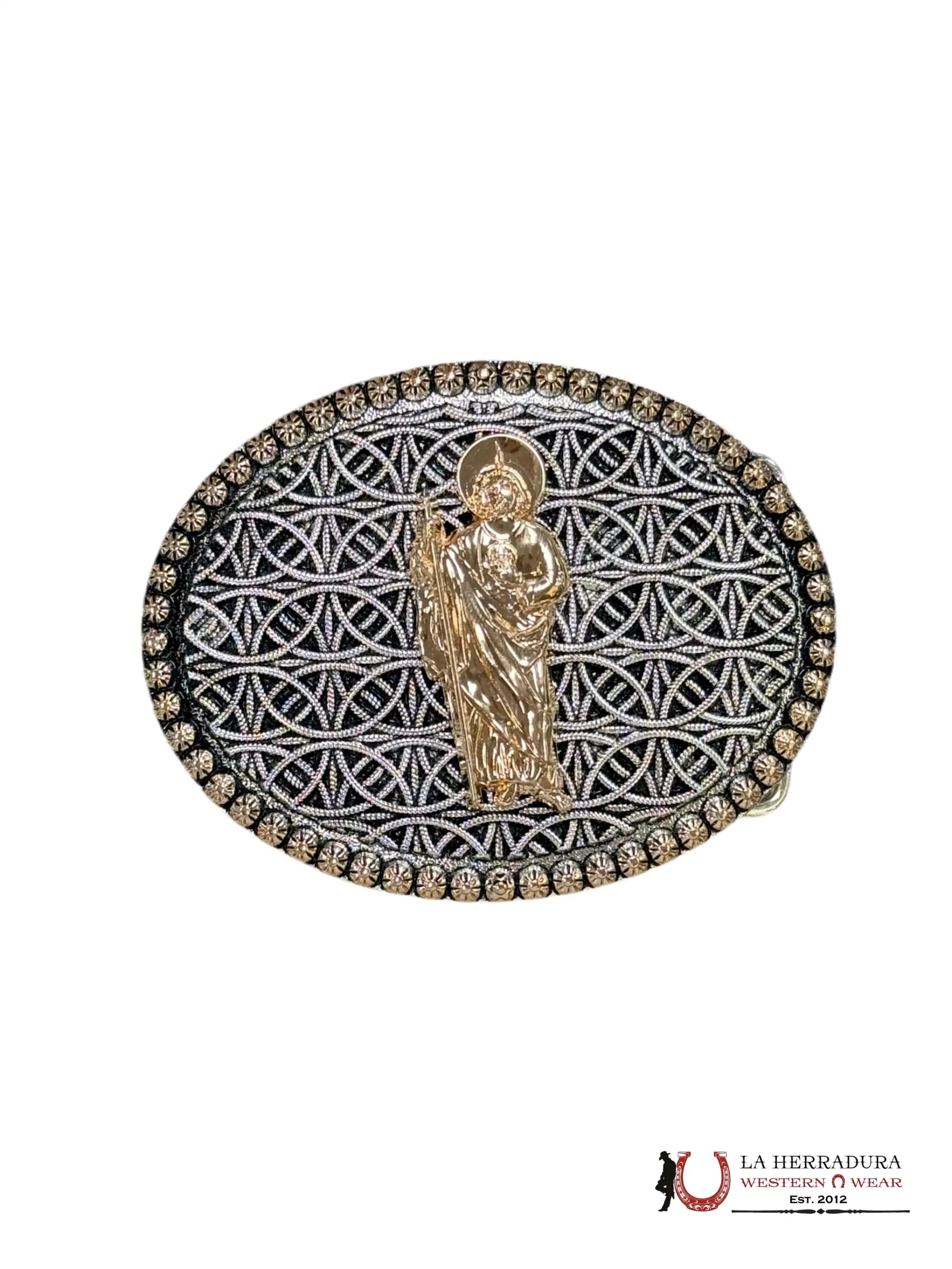 GOLD SAN JUDAS BLACK AND SILVER ROUND BUCKLE ACCESORIOS