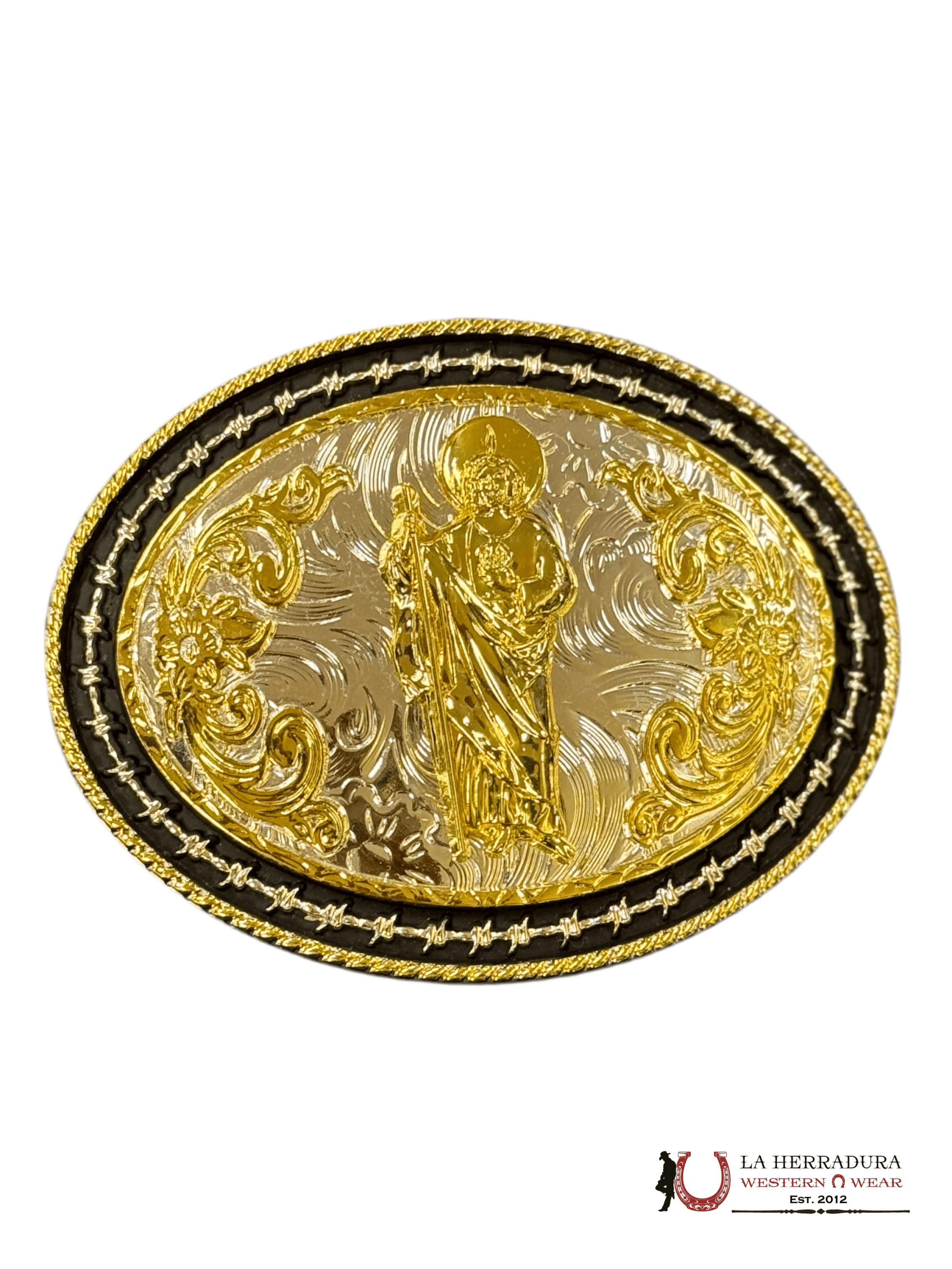 GOLD SAN JUDAS BLACK DETAILS ROUND BUCKLE ACCESORIOS