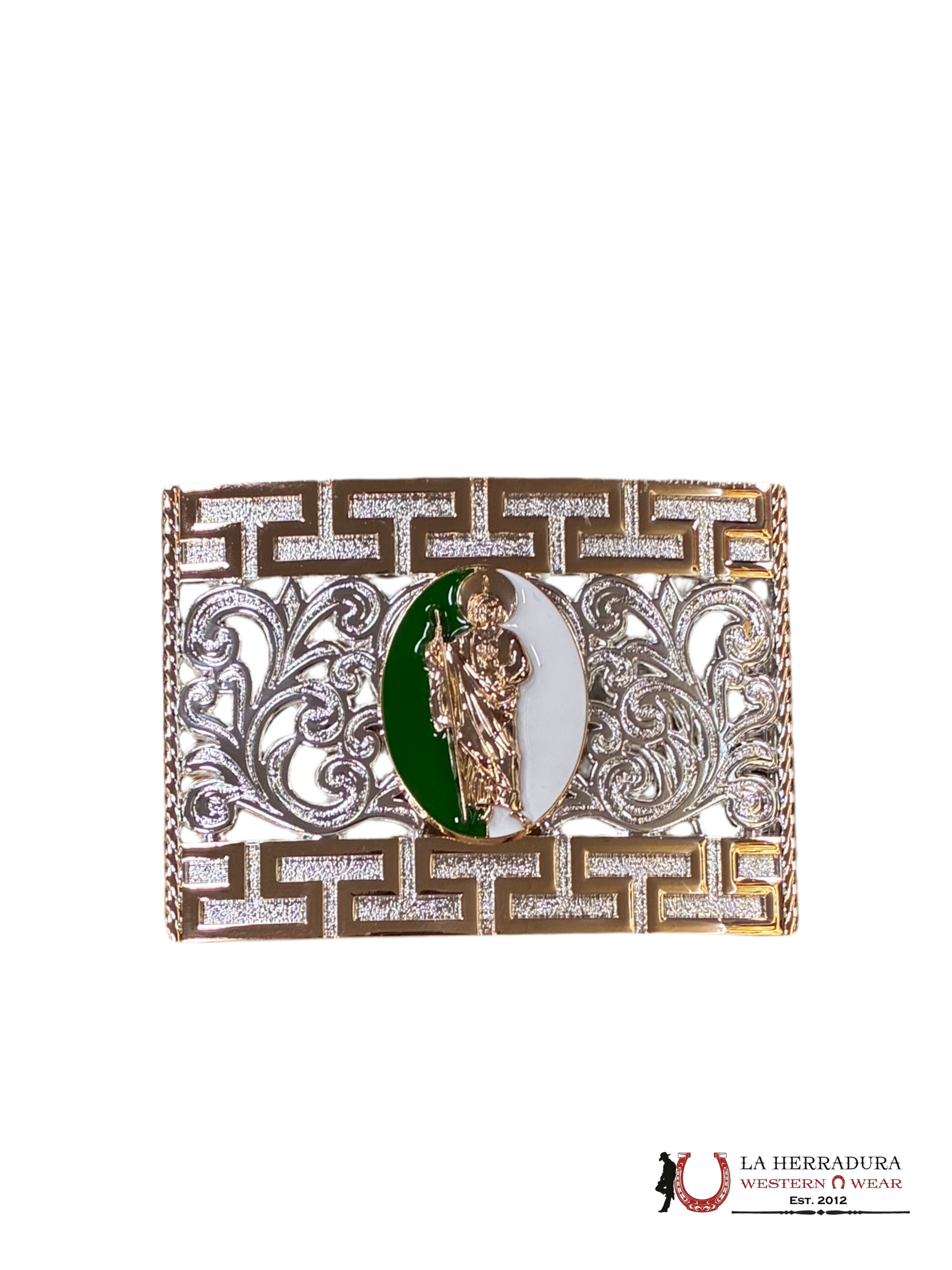 GOLD & SILVER SAN JUDAS SQUARE BUCKLE