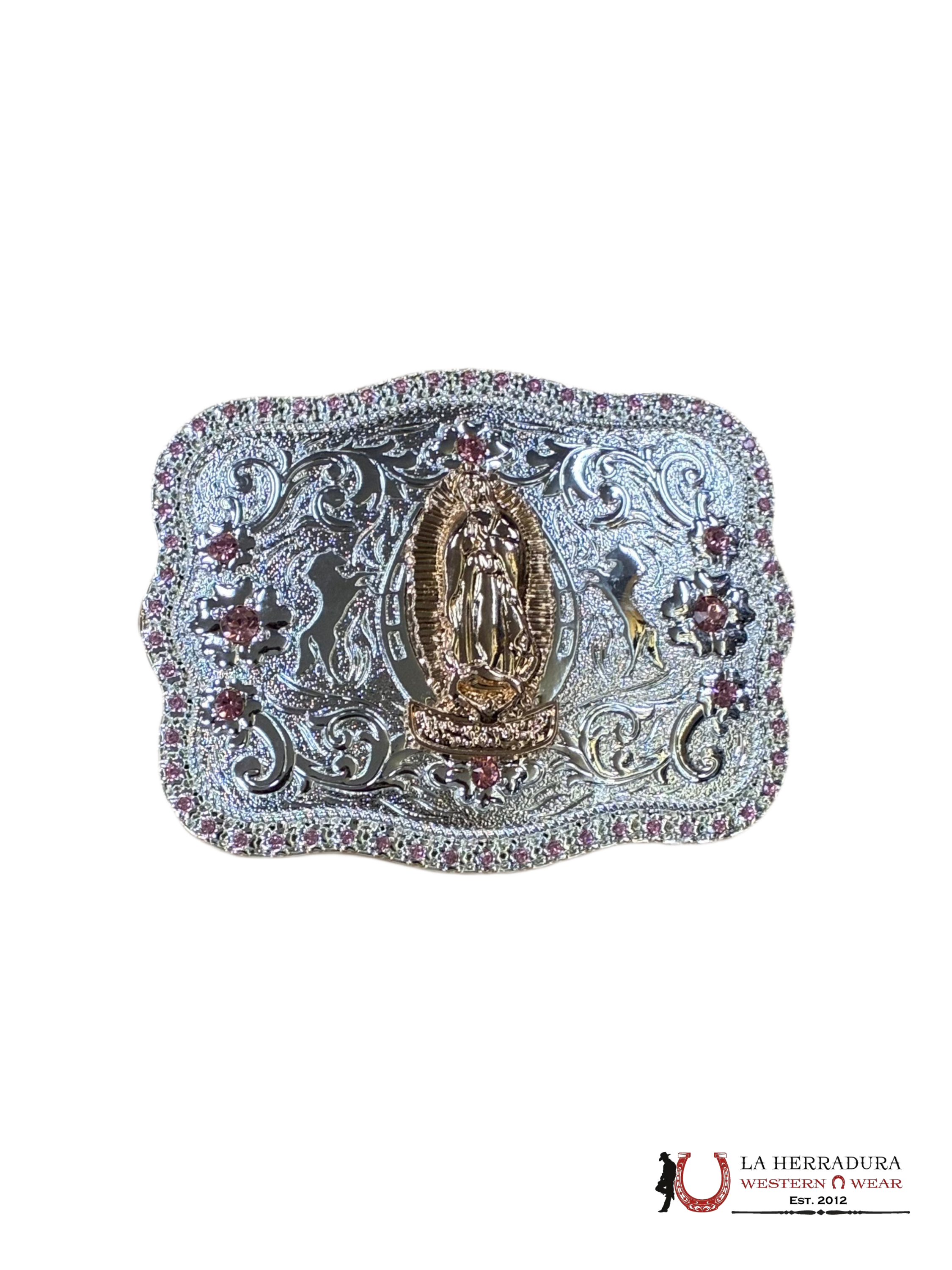 GOLD & SILVER VIRGEN DE GUADALUPE WITH PINK DIAMONDS CORNER SQUARE BUCKLE
