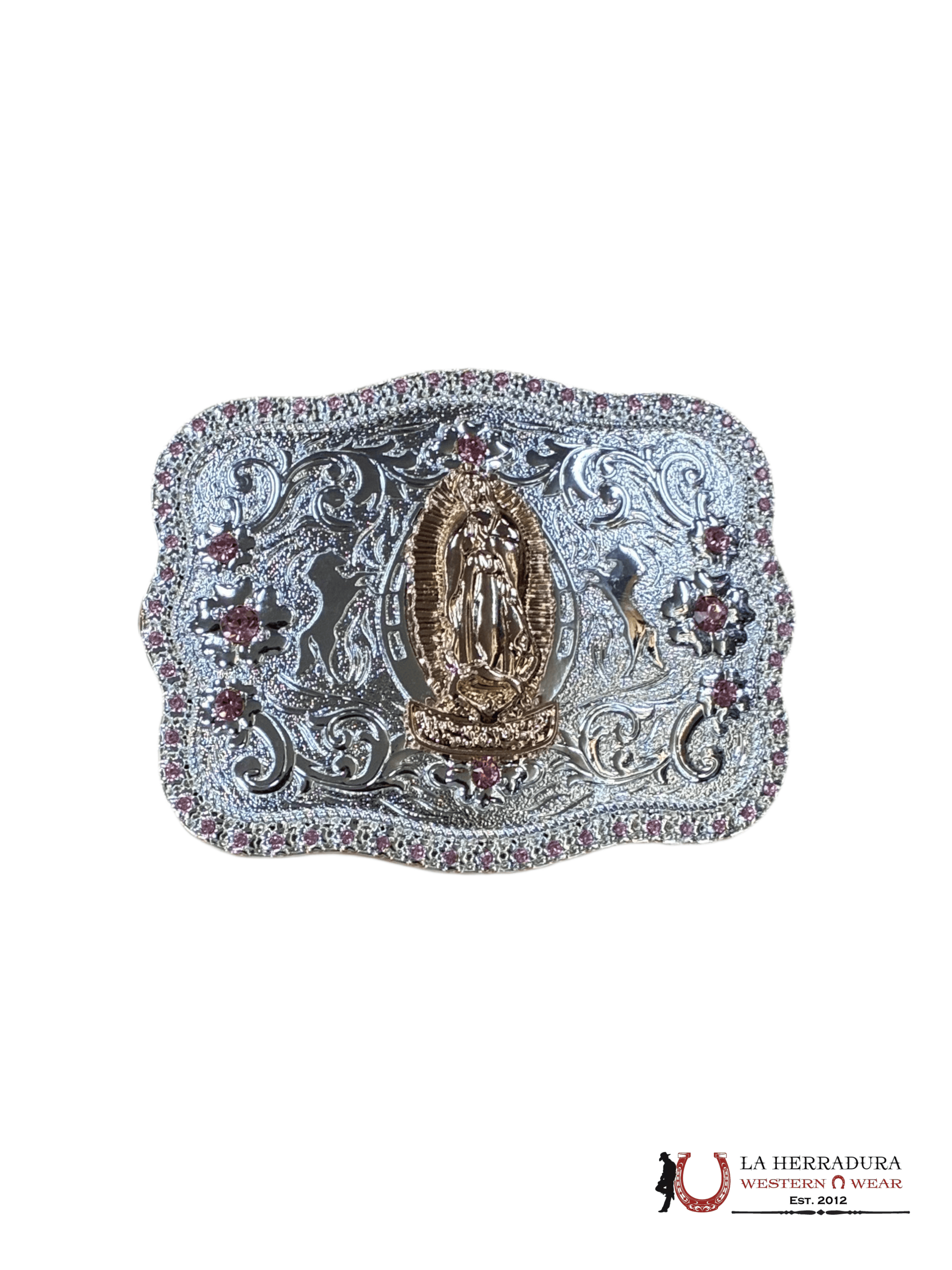 GOLD & SILVER VIRGEN DE GUADALUPE WITH PINK DIAMONDS CORNER SQUARE BUCKLE