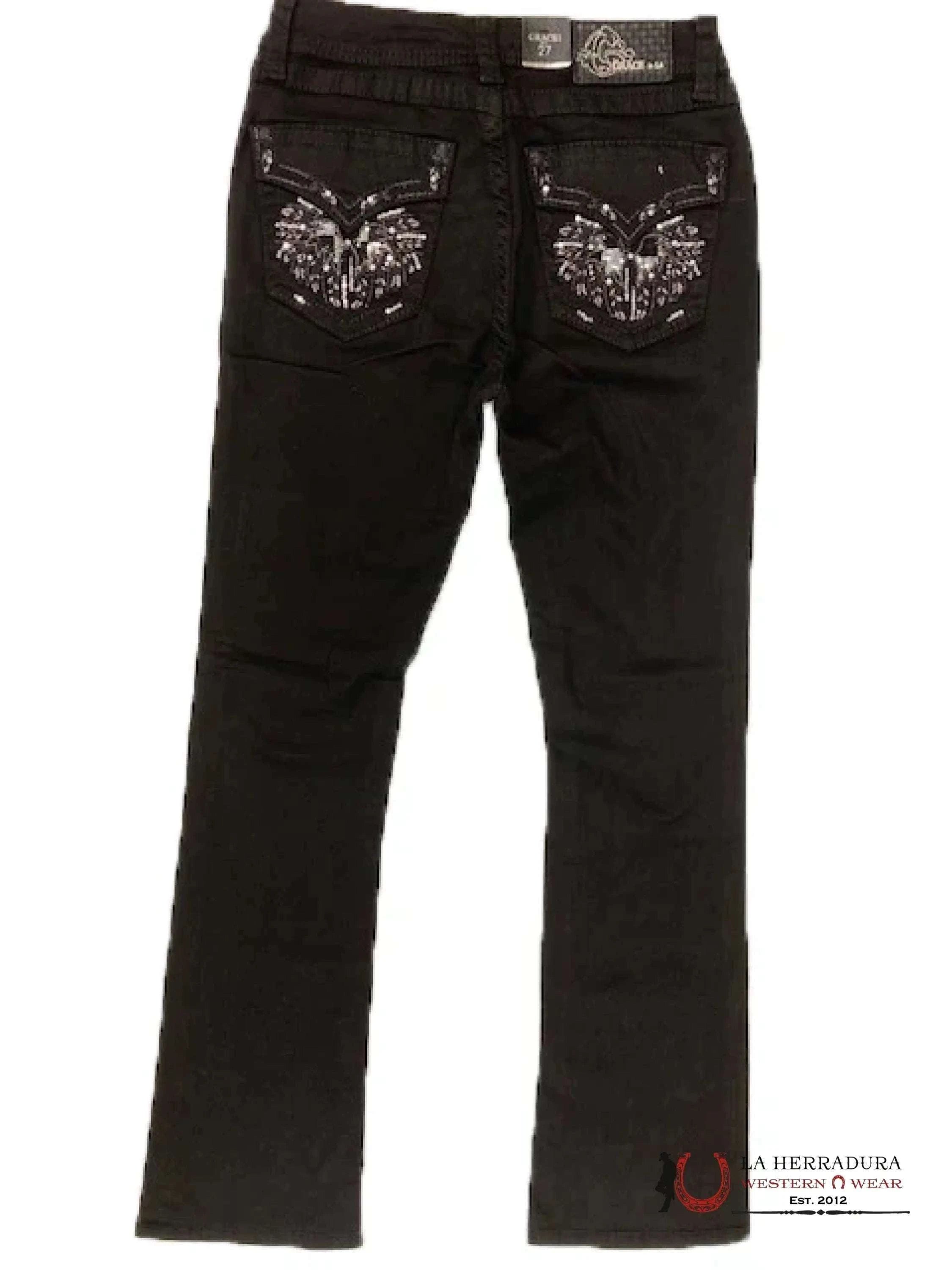 Grace in LA Black Easy Fit Women’s Bootcut Jeans with Sequins and Embroidery on Pockets EB-5782BLK