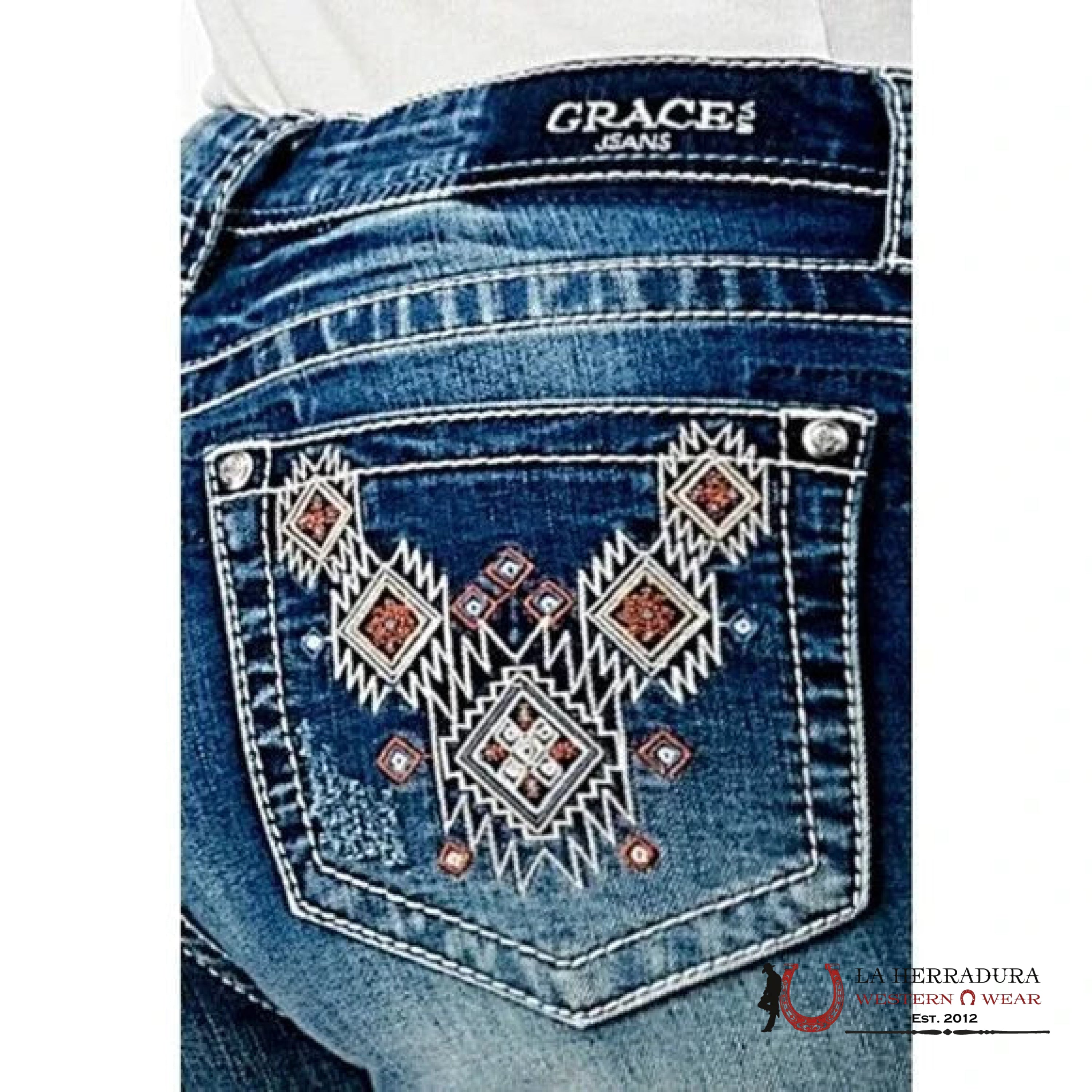Grace in LA Ladies Pink Aztec Embroidered Disressed Baby Flare Bootcut Stretch Jeans EL51800