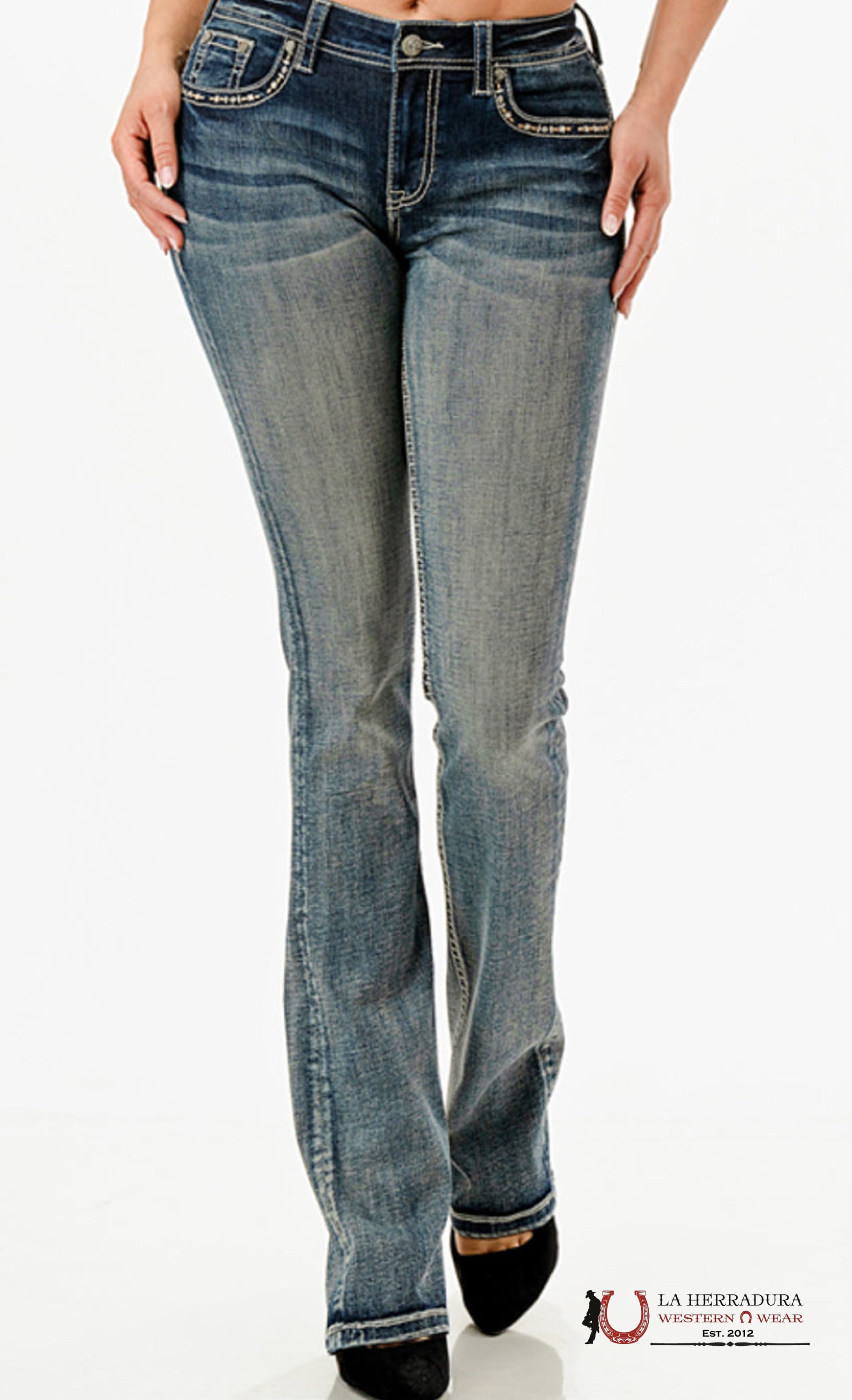 Grace in LA Ladies Pink Aztec Modify Embellished Mid Rise Medium Wash Bootcut Denim Jeans EBS776-30