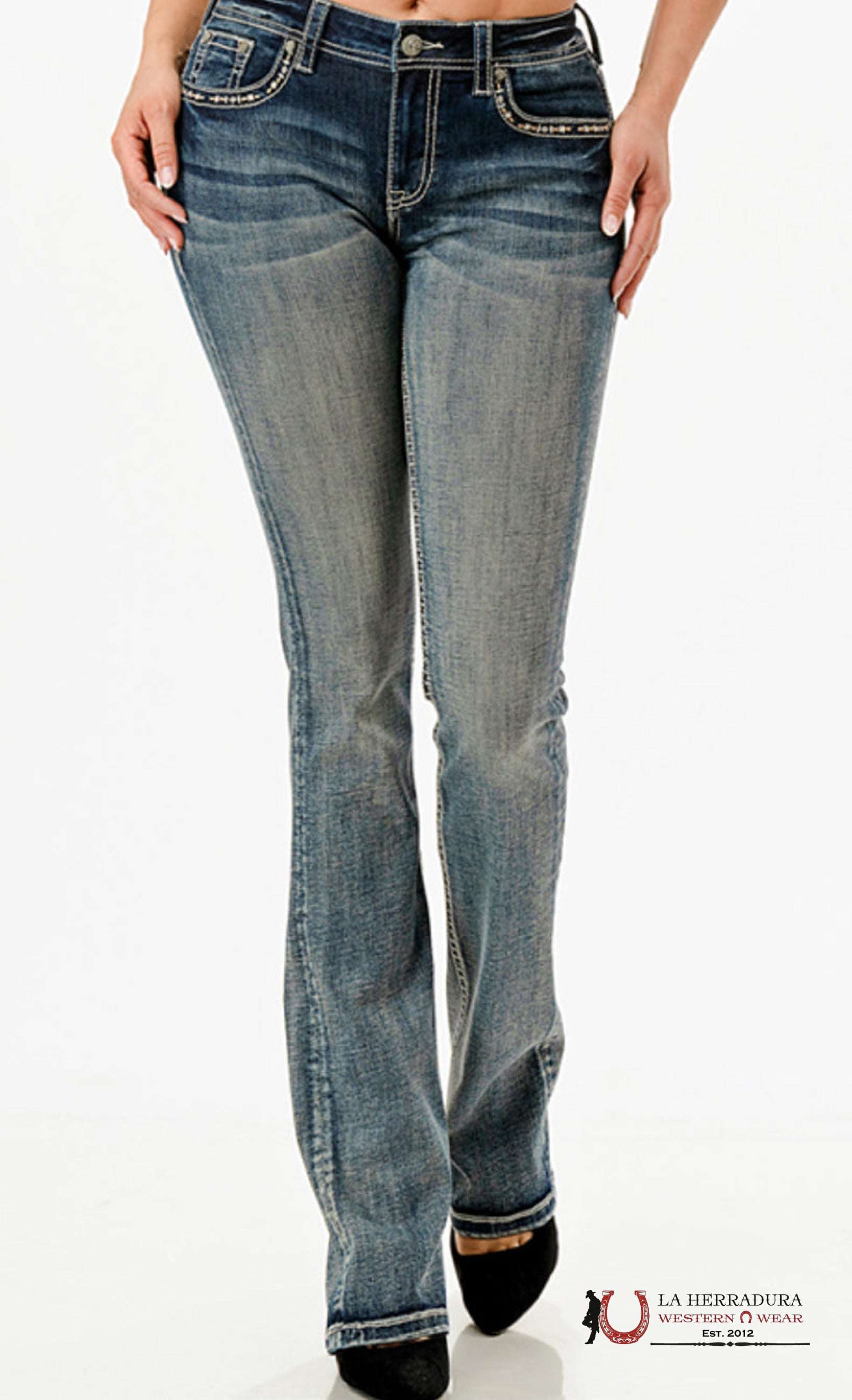 Grace in LA Ladies Pink Aztec Modify Embellished Mid Rise Medium Wash Bootcut Denim Jeans EBS776-30