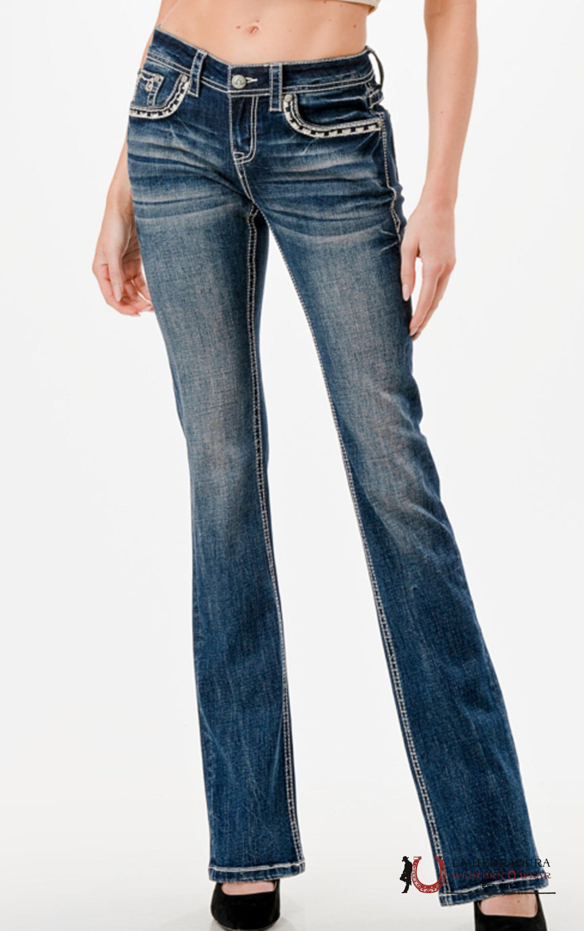 Grace in LA Ladies Star Embellished Border Mid Rise Dark Wash Denim Bootcut Jeans EBS783-30