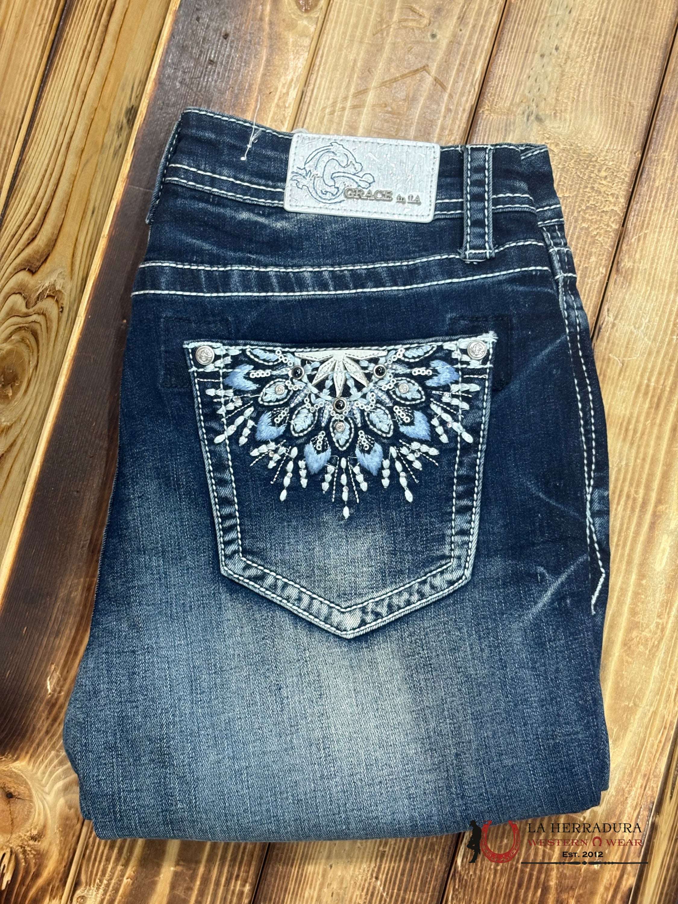 GRACE IN LA WOMEN’S DARK WASH GLITTERY FLOWER EBS605-32