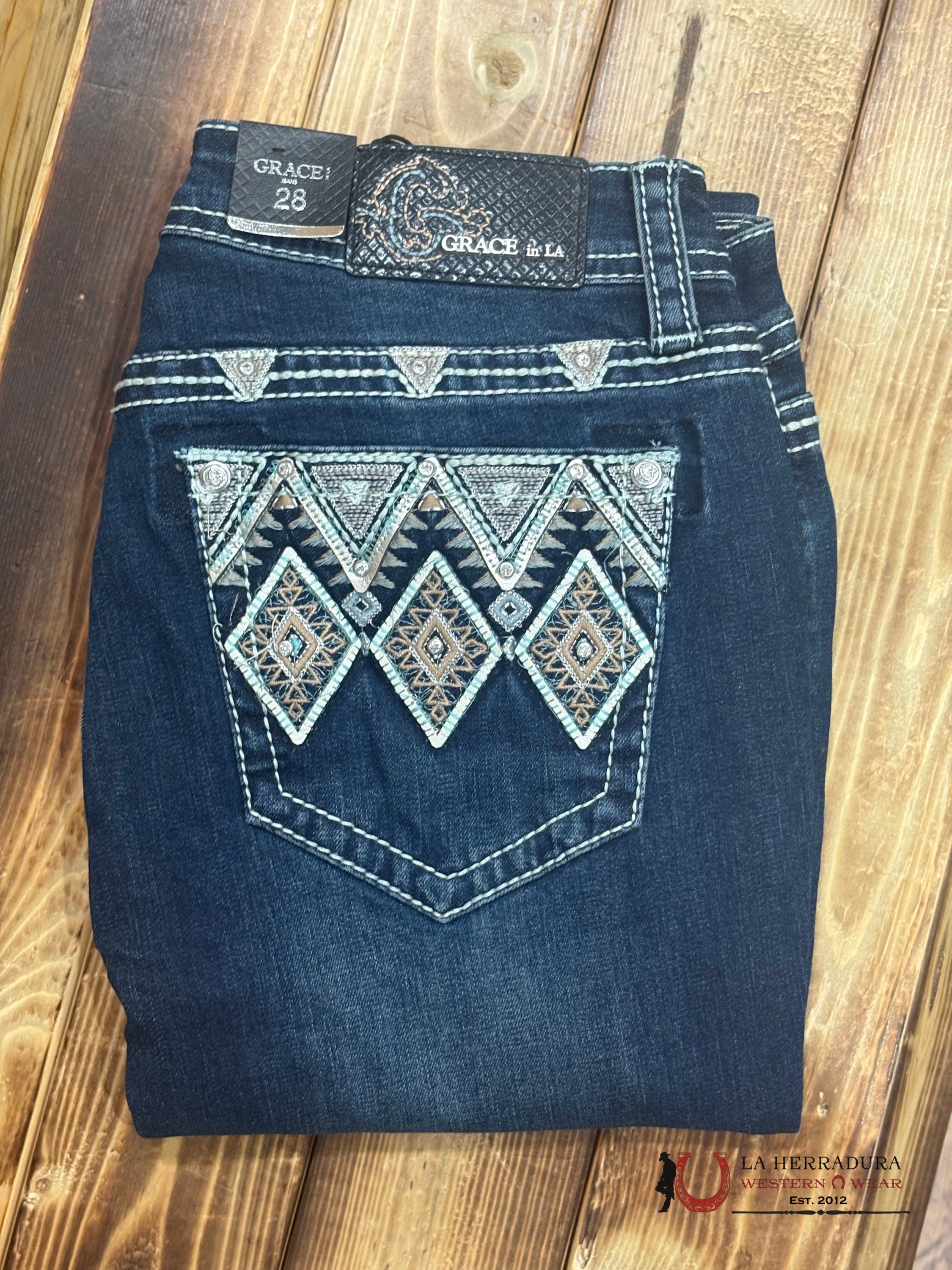GRACE IN LA WOMEN’S DARK WASH LINE DIAMOND AZTEC POCKET EASY FIT BOOT CUT JEANS EB81634