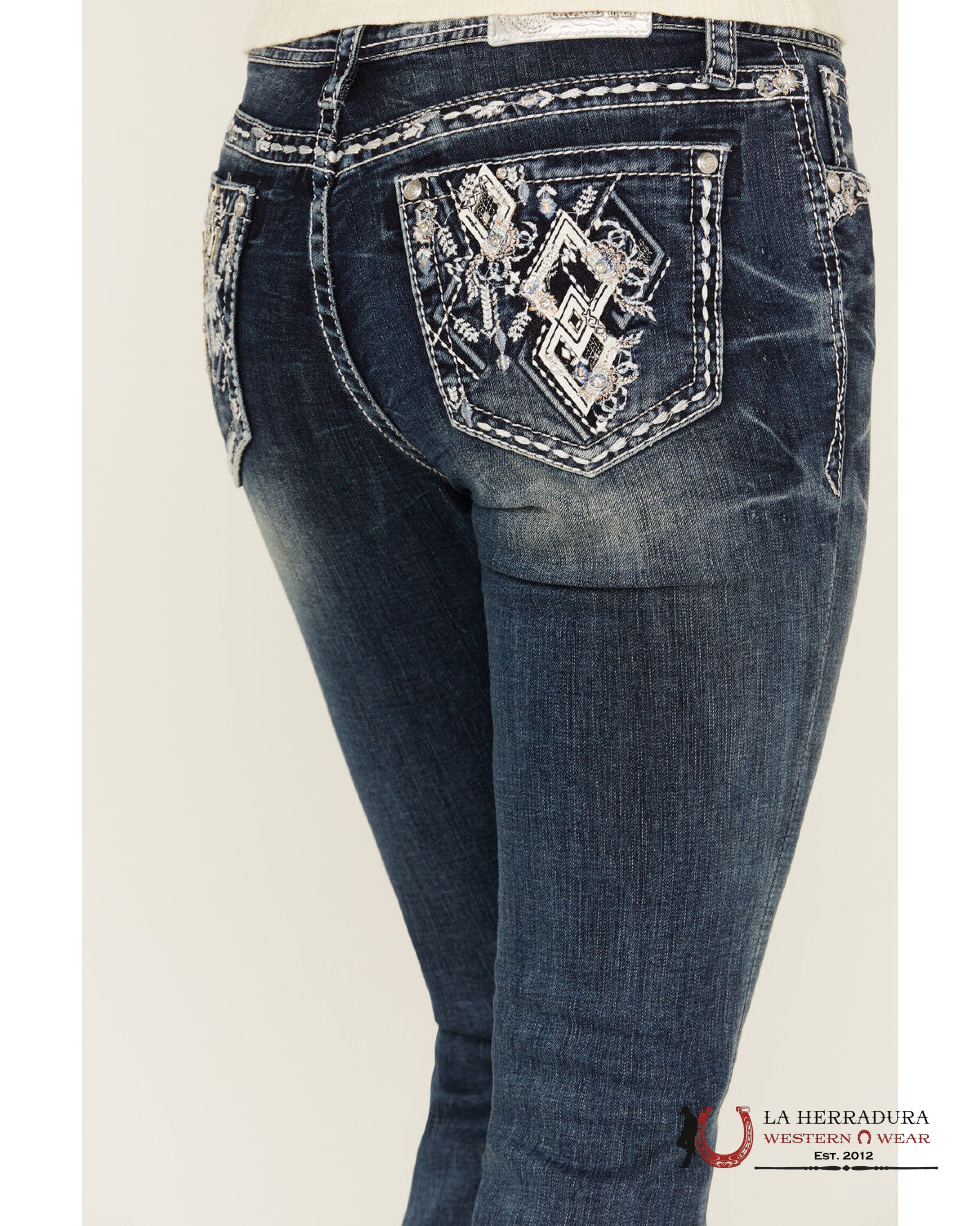 GRACE IN LA WOMEN’S MEDIUM WASH DIAMOND EMBOSSED BLING BOOT CUT JEANS EB61719
