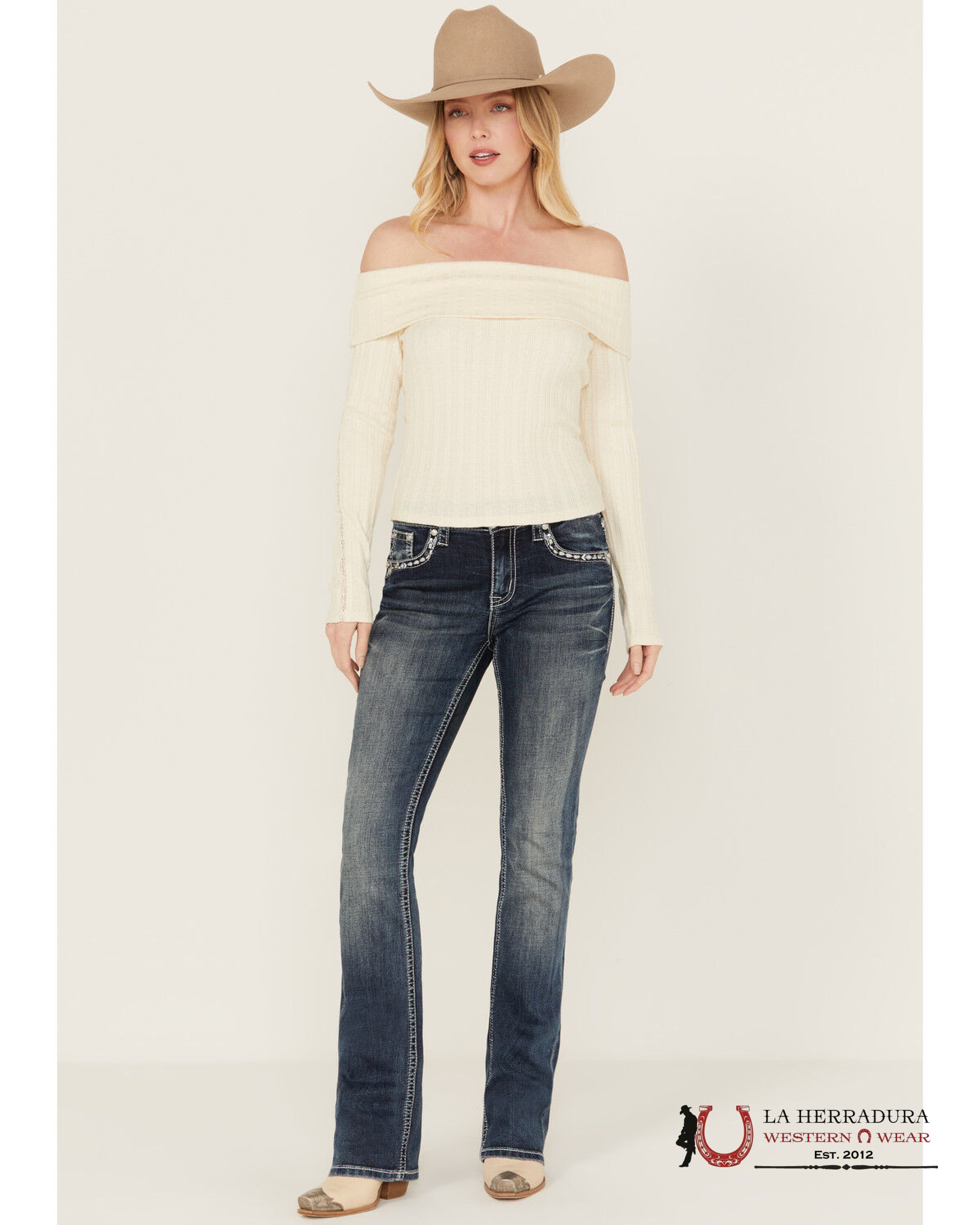 GRACE IN LA WOMEN’S MEDIUM WASH DIAMOND EMBOSSED BLING BOOT CUT JEANS EB61719