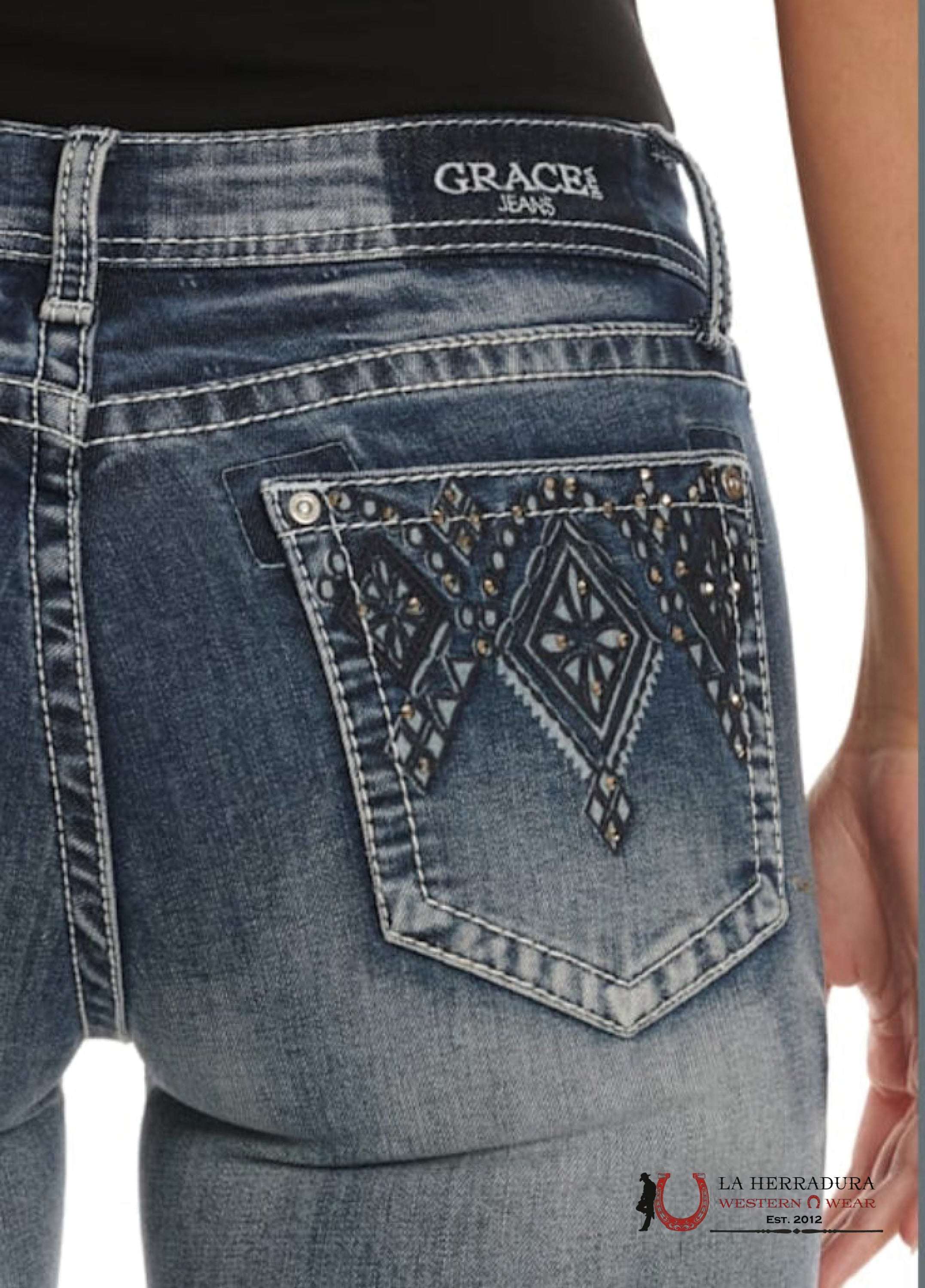 GRACE IN LA WOMEN’S MEDIUM WASH DIAMOND EMBOSSED BLING BOOT CUT JEANS