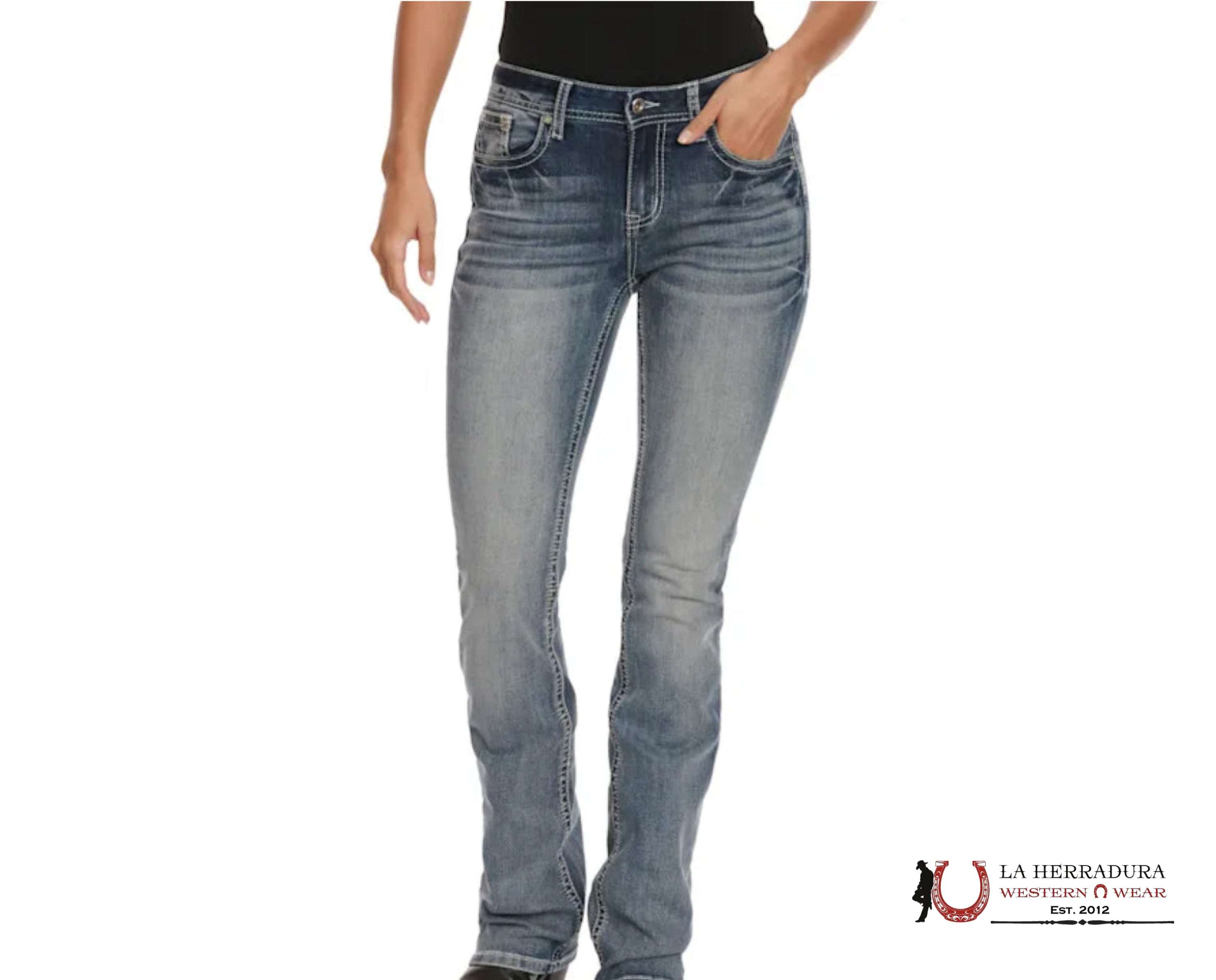 GRACE IN LA WOMEN’S MEDIUM WASH DIAMOND EMBOSSED BLING BOOT CUT JEANS