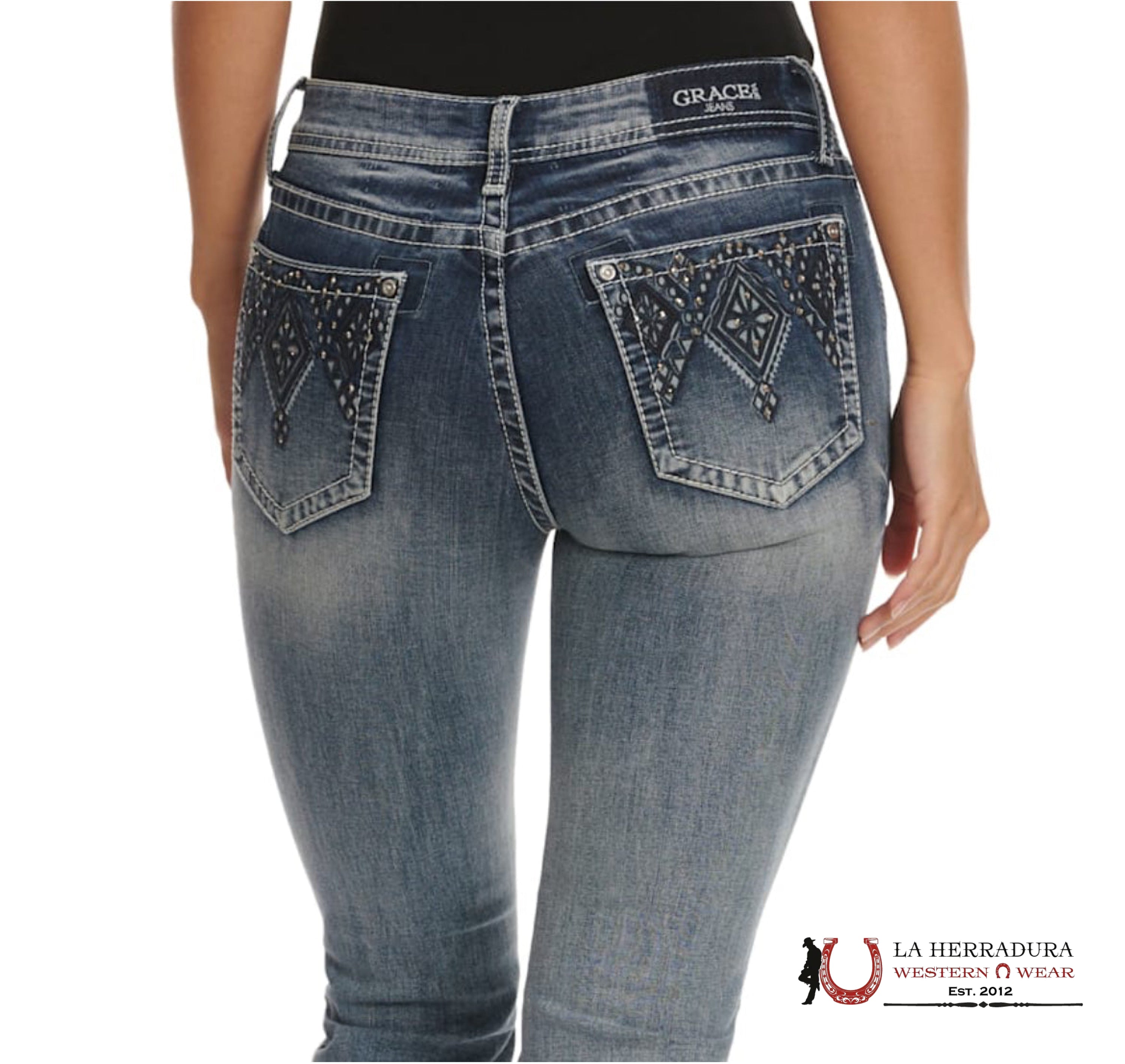 GRACE IN LA WOMEN’S MEDIUM WASH DIAMOND EMBOSSED BLING BOOT CUT JEANS