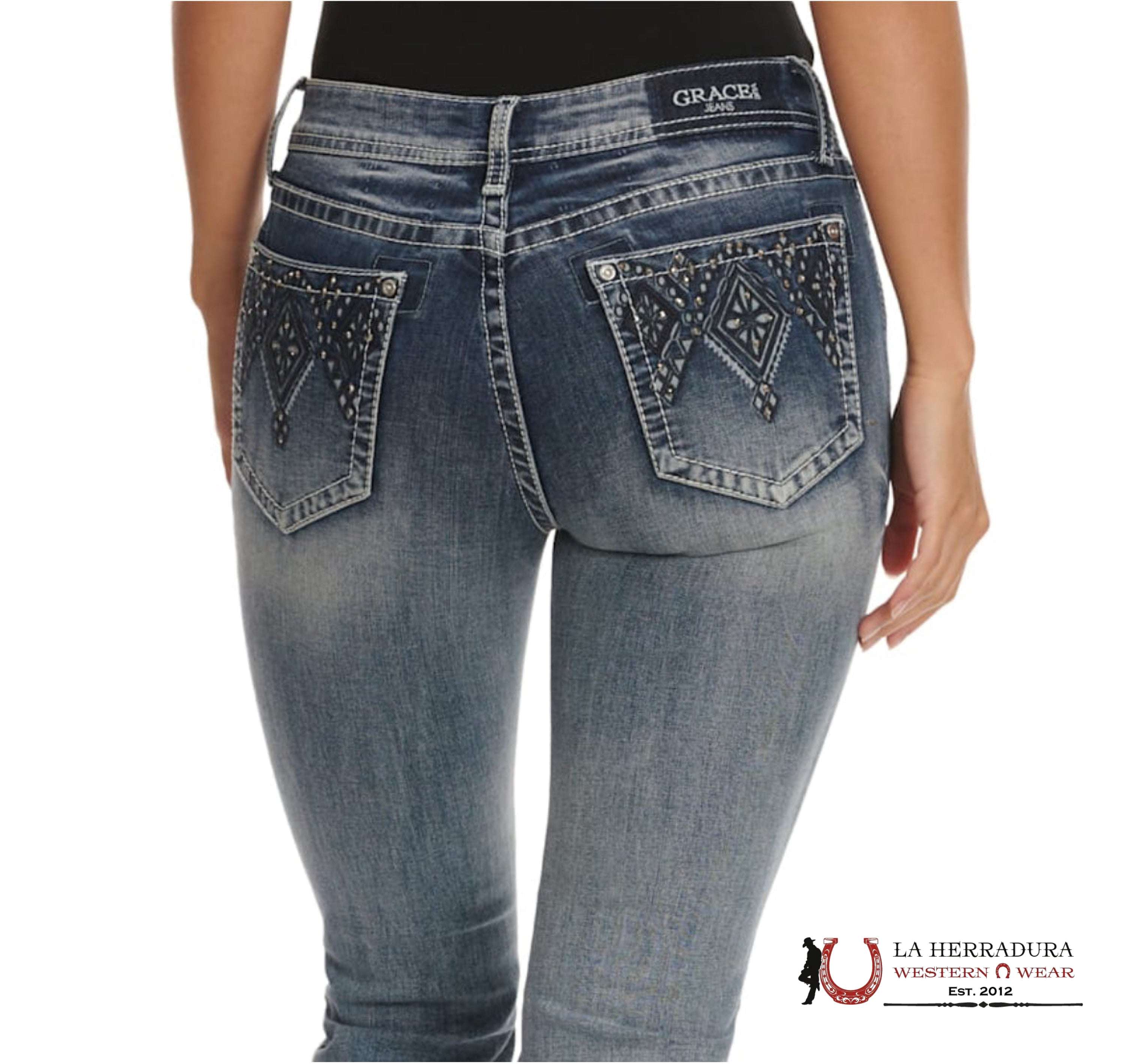 GRACE IN LA WOMEN’S MEDIUM WASH DIAMOND EMBOSSED BLING BOOT CUT JEANS