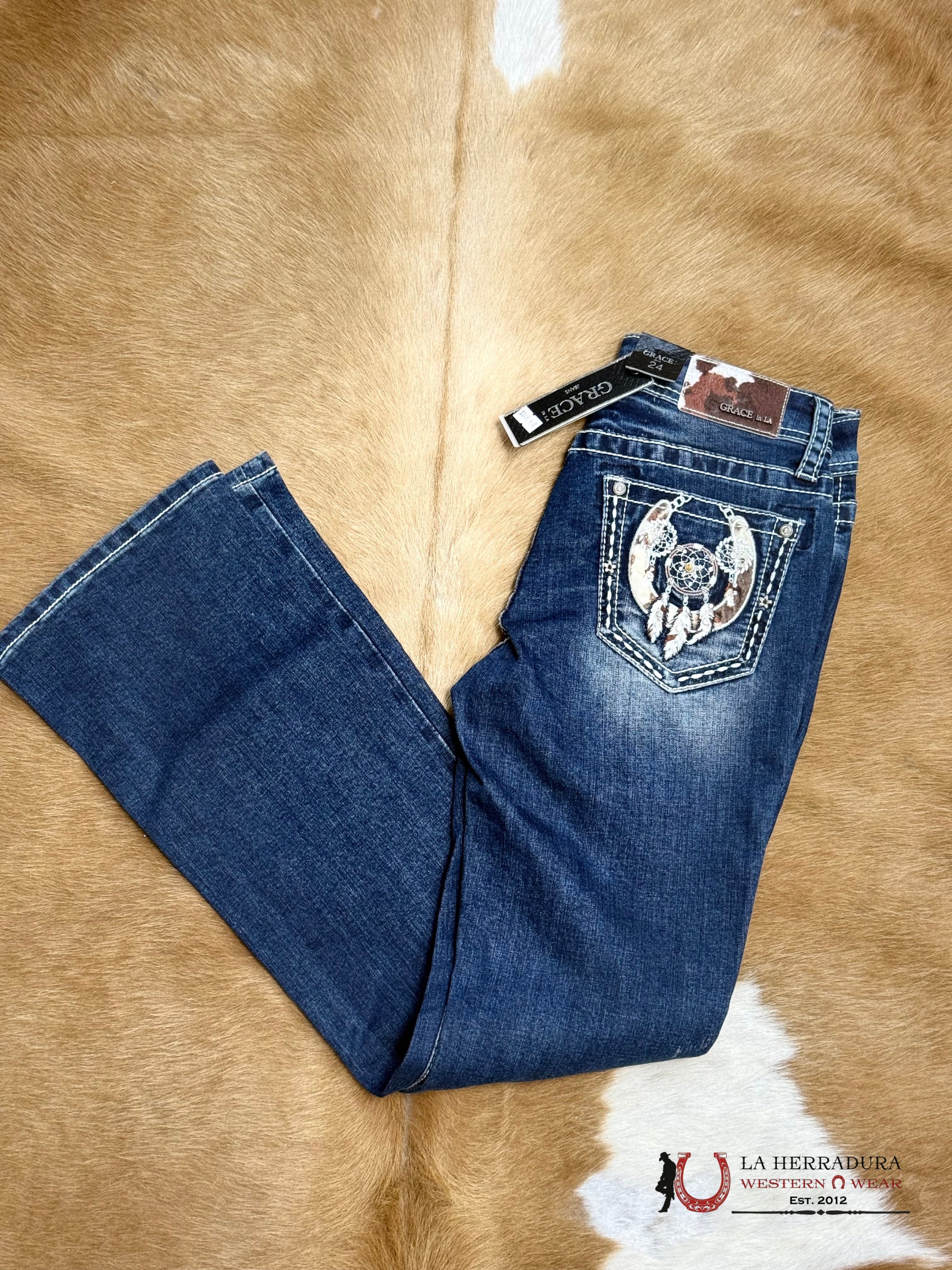 GRACE JEAN BOOT CUTE DARKE BLUE HORSE SHOSE COW PRINT EMBROIDERY EBS762-30 ROPA MUJERES