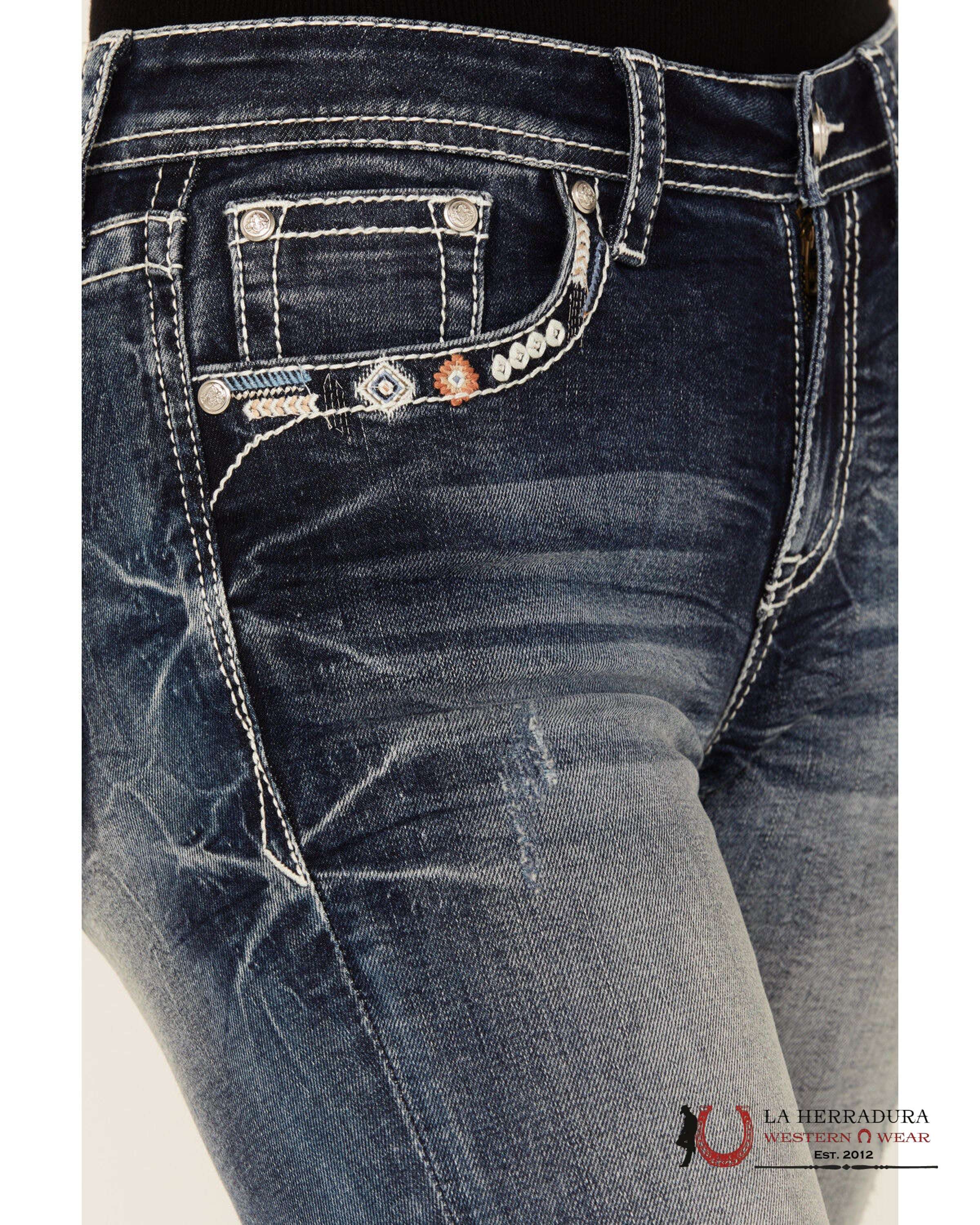 GRACE JEAN BOOT CUTE DARKE WASH TRIANGLE EYE EMBROIDERY IN BLUE & ORANGE STITCHING EB51892-32 ROPA MUJERES