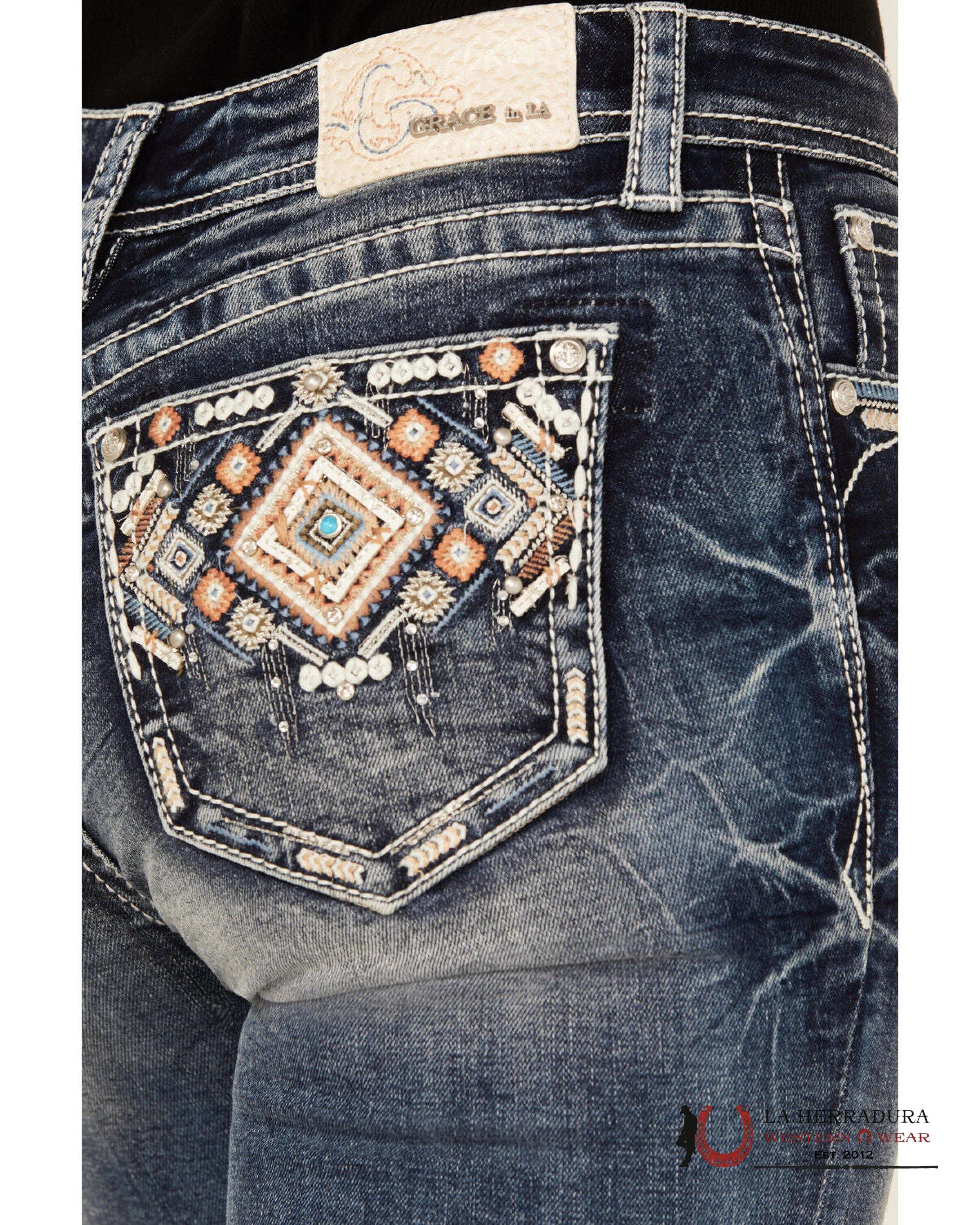 GRACE JEAN BOOT CUTE DARKE WASH TRIANGLE EYE EMBROIDERY IN BLUE & ORANGE STITCHING EB51892-32 ROPA MUJERES