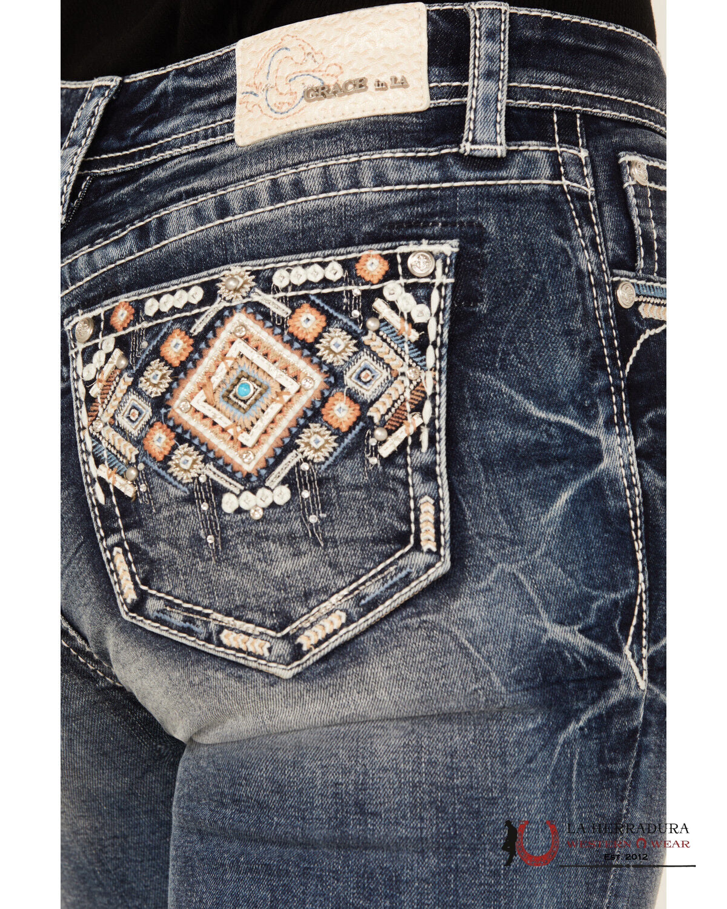 GRACE JEAN BOOT CUTE DARKE WASH TRIANGLE EYE EMBROIDERY IN BLUE & ORANGE STITCHING EB51892-32 ROPA MUJERES