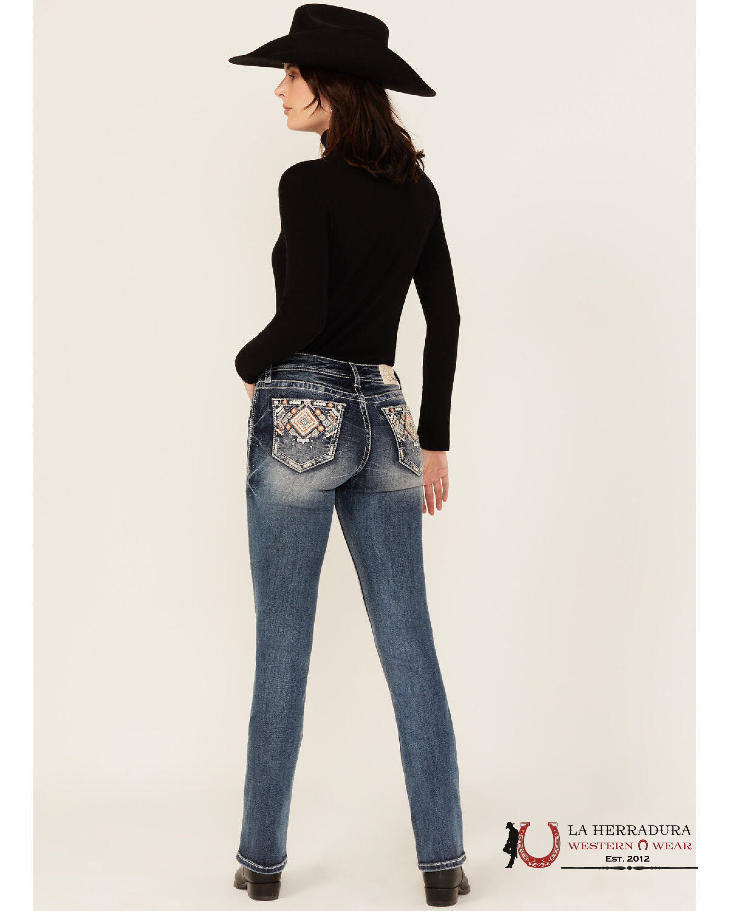 GRACE JEAN BOOT CUTE DARKE WASH TRIANGLE EYE EMBROIDERY IN BLUE & ORANGE STITCHING EB51892-32 ROPA MUJERES