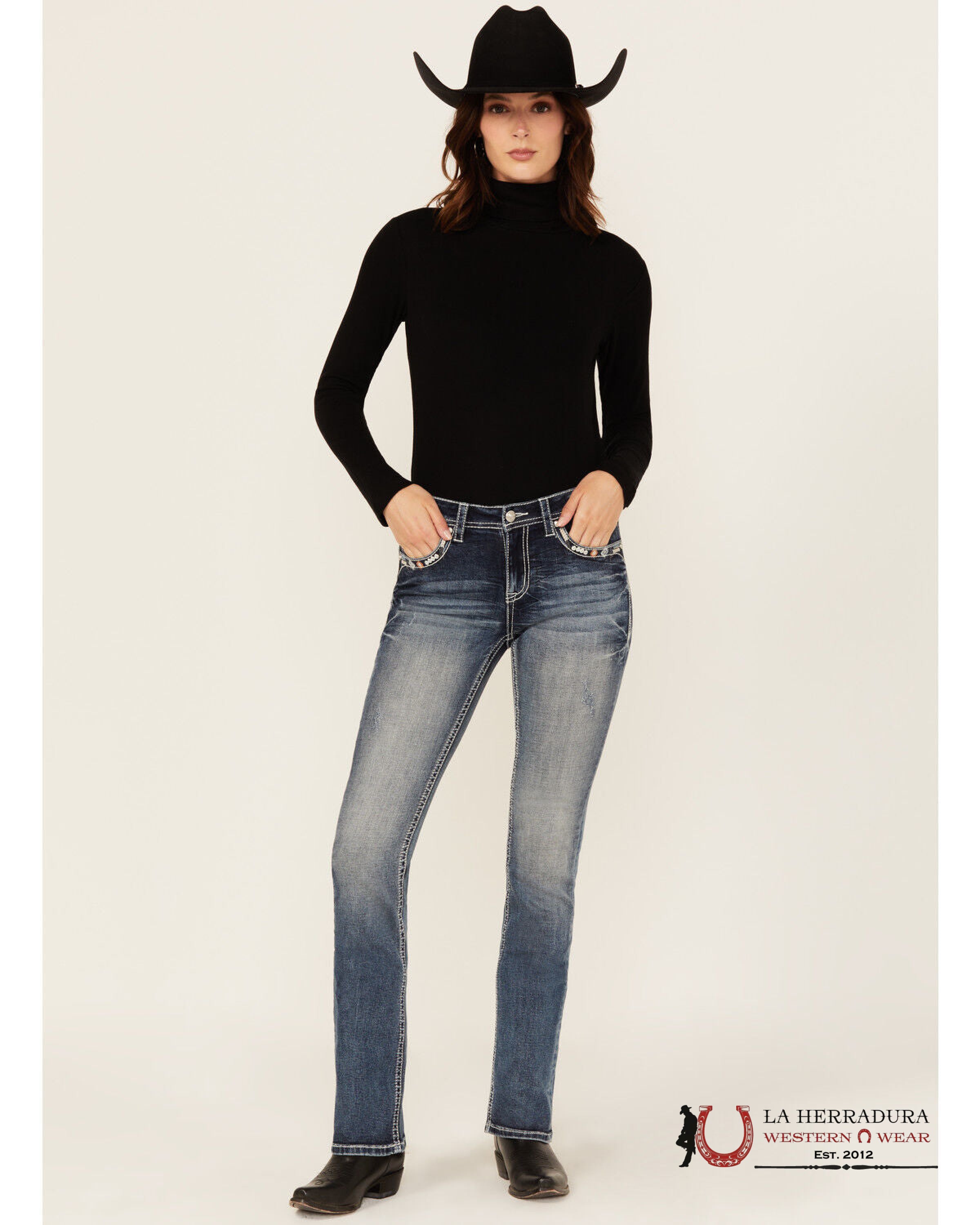 GRACE JEAN BOOT CUTE DARKE WASH TRIANGLE EYE EMBROIDERY IN BLUE & ORANGE STITCHING EB51892-32 ROPA MUJERES