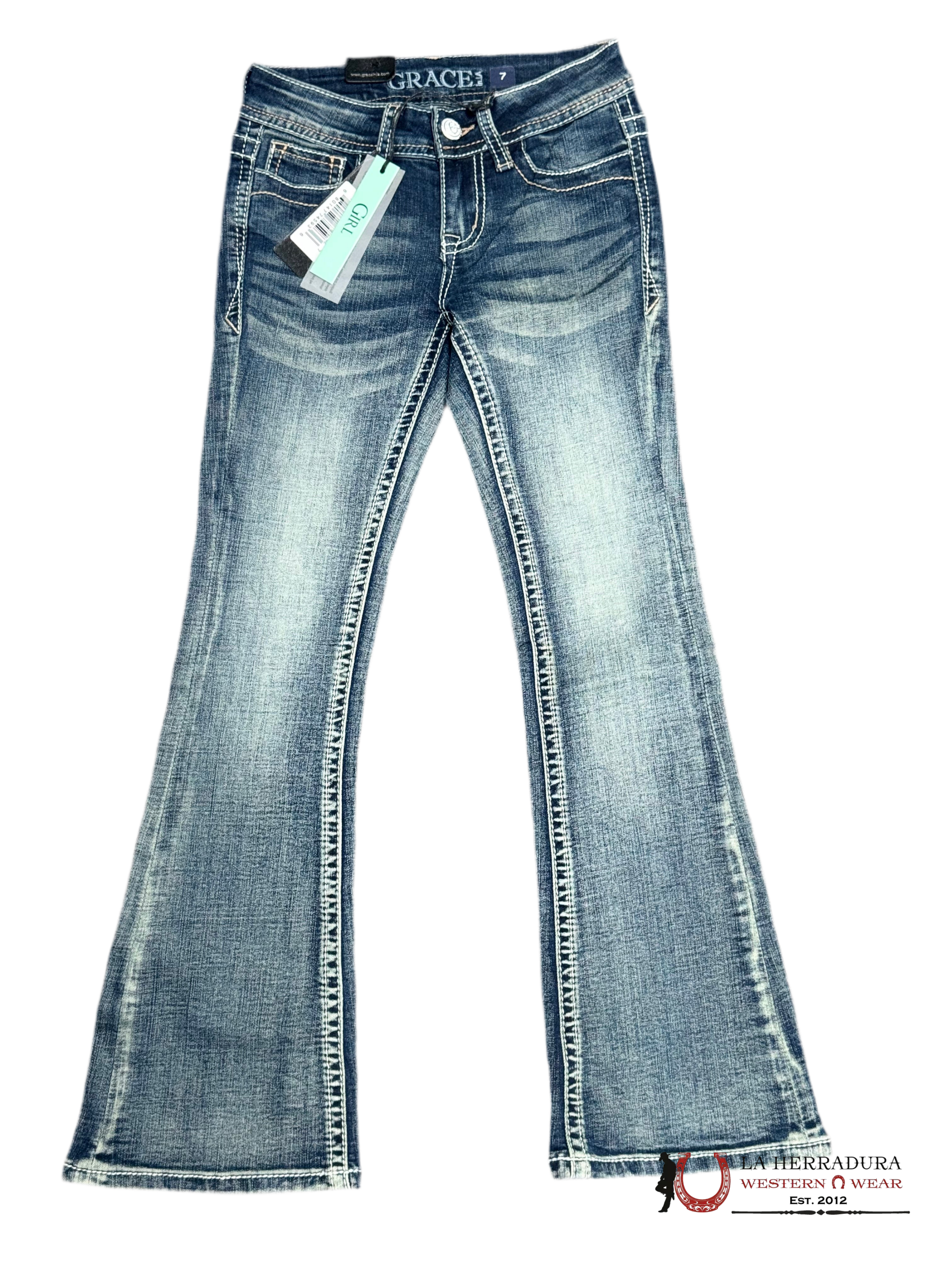 GRACE JEANS GIRL DARK DENIM WITH EMBROIDERY ON BAGS GB61638 NIÑOS