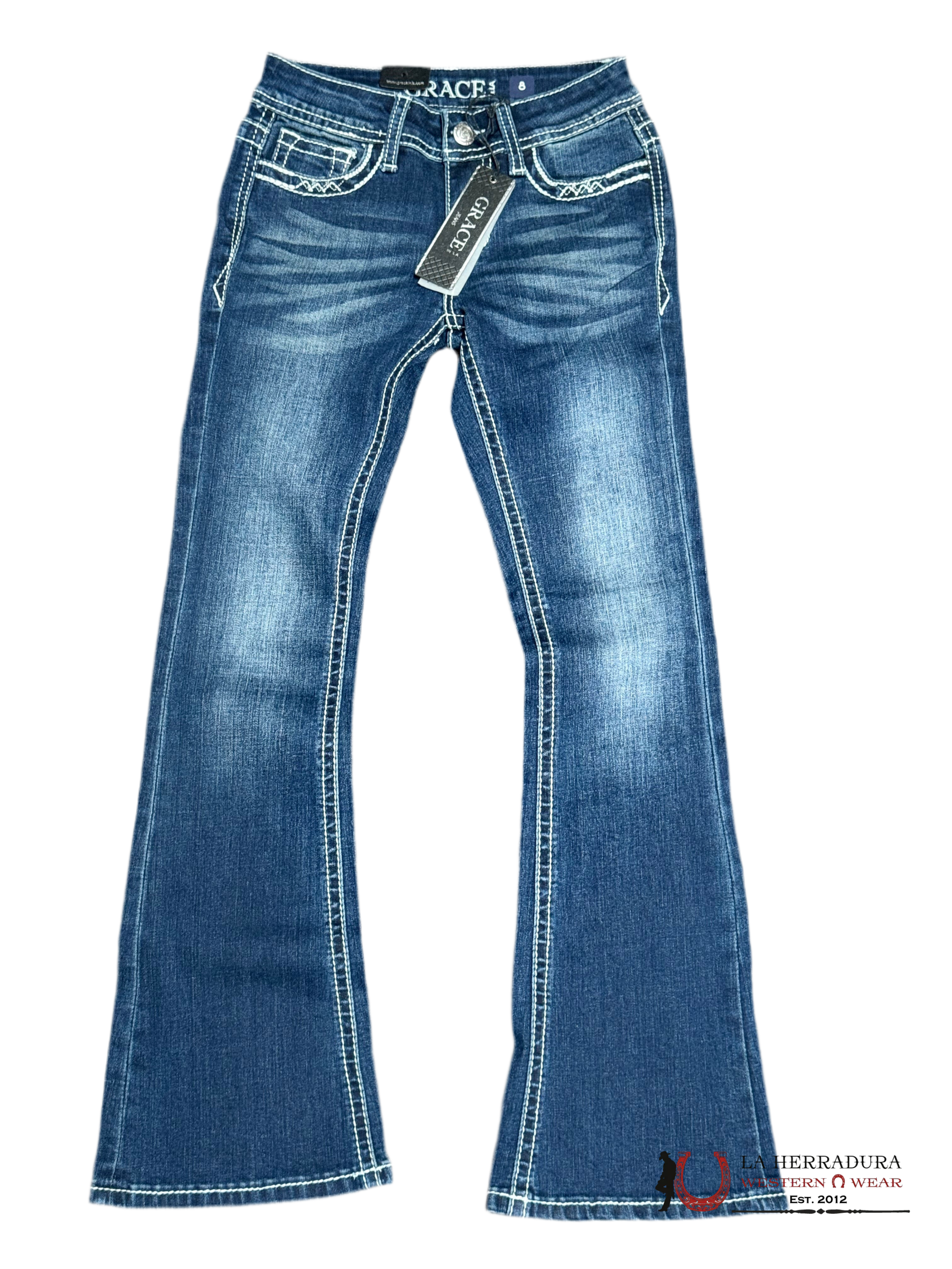 GRACE JEANS GIRL DARK WASH WITH EMBROIDERY ON THE BAG AND GLITTER GBS590 NIÑOS