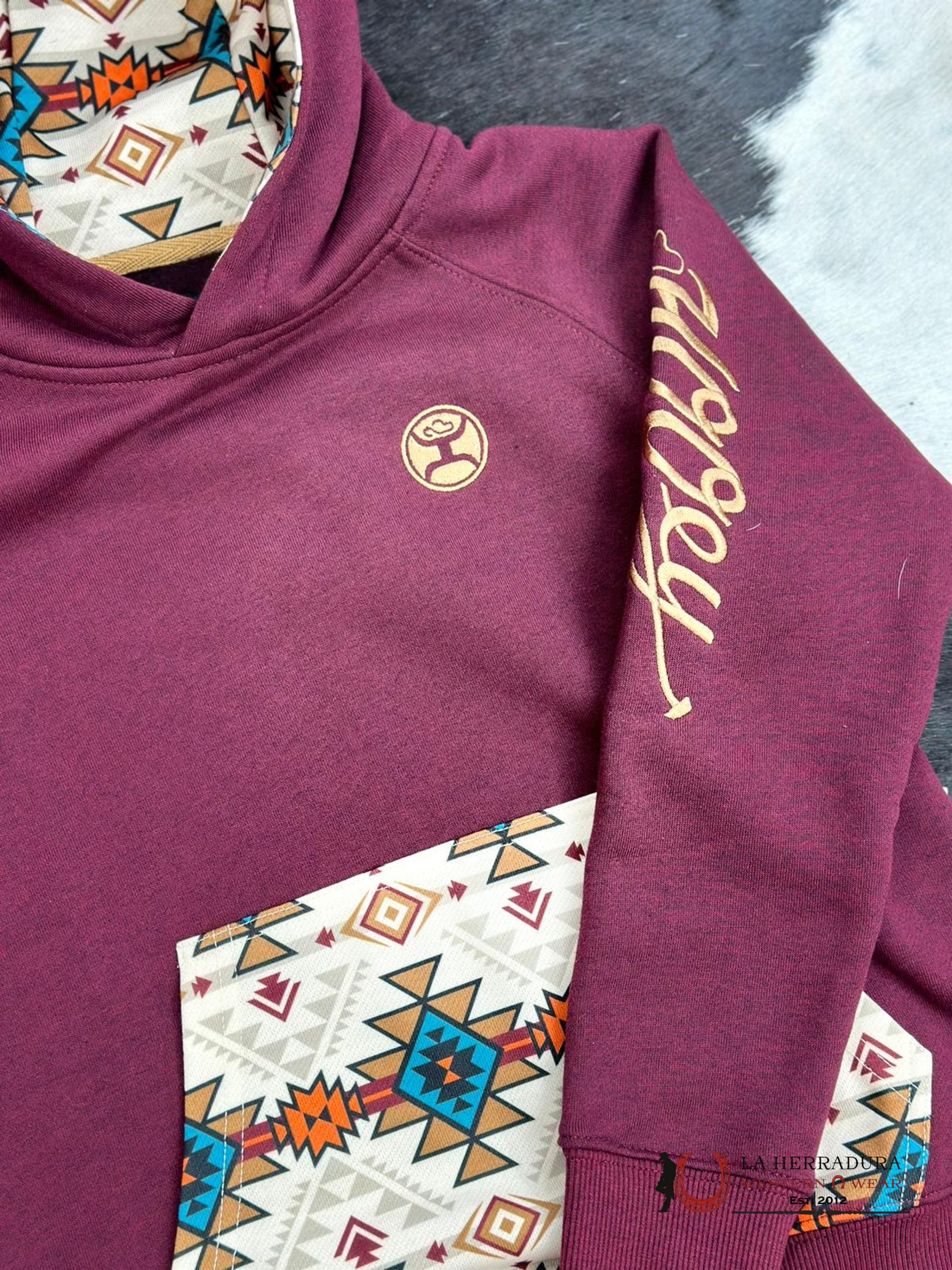 Hooey Girls Aztec Pattern Pocket Maroon Hoodie Niños